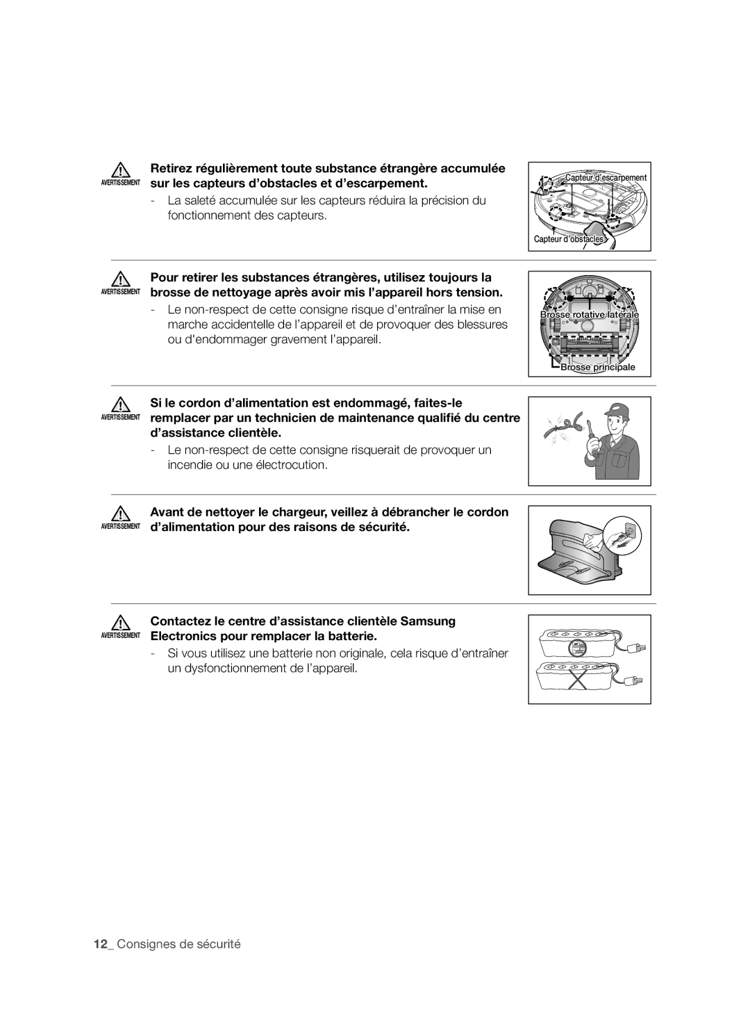 Samsung VR10BTBATBB/EG, VR10ATBATBB/EO, VR10ATBATGY/EG, VR10BTBATGY/SW, VR10ATBATRD/SW, VR10ATBATRD/EO Capteur d’obstacles 