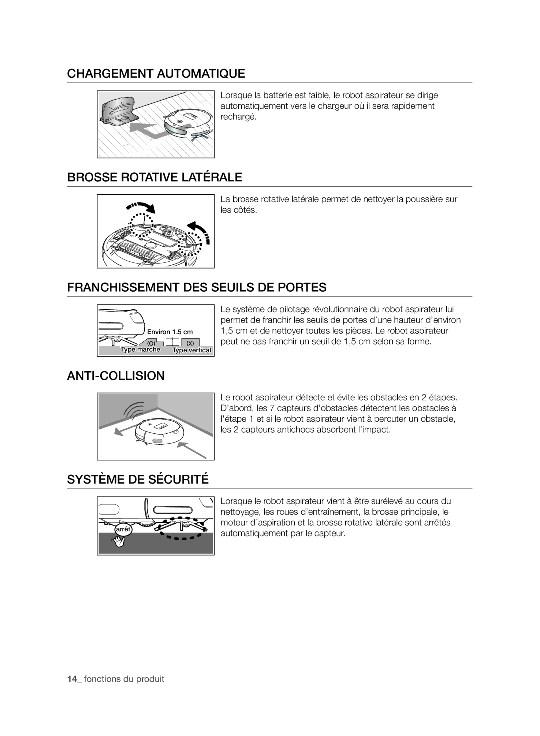 Samsung VR10ATBATRD/SW manual Chargement Automatique, Brosse Rotative Latérale, Franchissement DES Seuils DE Portes 