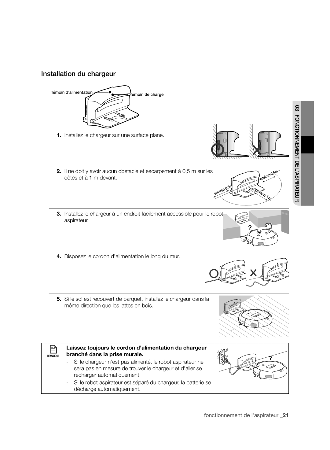 Samsung VR10BTBATBB/EF, VR10ATBATGY/EF manual Installation du chargeur, Installez le chargeur sur une surface plane 