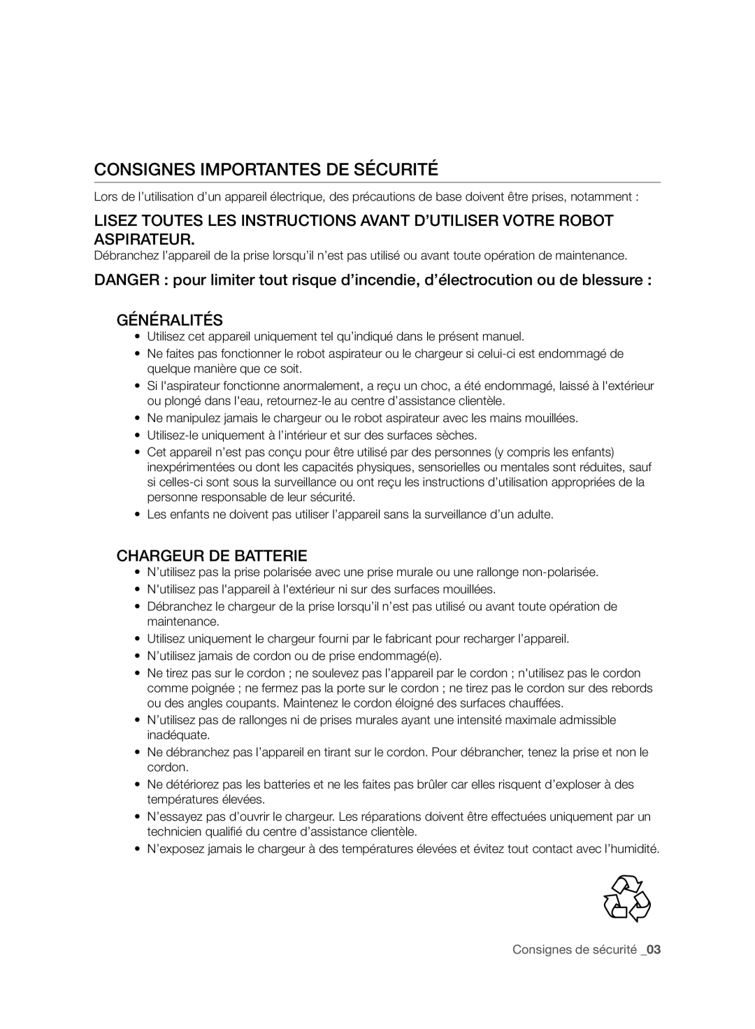 Samsung VR10BTBATBB/EF, VR10ATBATGY/EF, VR10BTBATBB/EG manual Consignes Importantes DE Sécurité, Généralités 