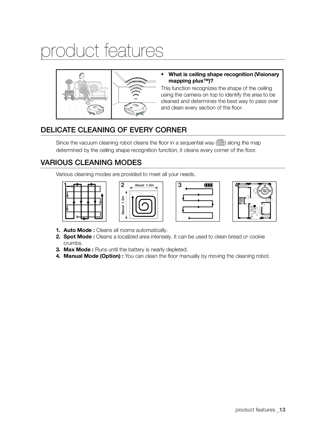 Samsung VR10ATBATUB/EE, VR10BTBATBB/EG manual Product features, Delicate Cleaning of Every Corner, Various Cleaning Modes 