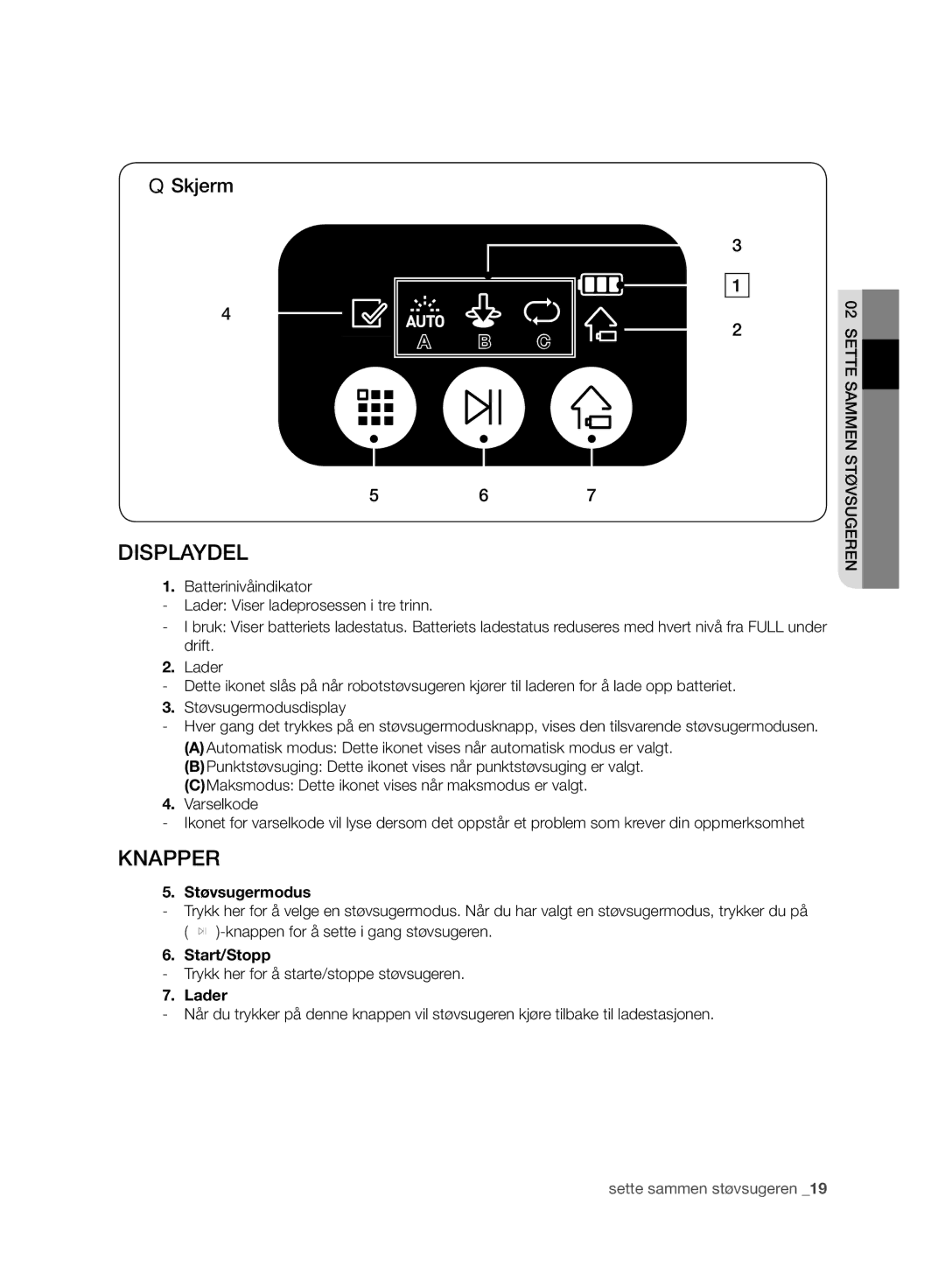 Samsung VR10ATBATUB/EE, VR10BTBATBB/EG Knapper, Skjerm, Støvsugermodus, Trykk her for å starte/stoppe støvsugeren, Lader 