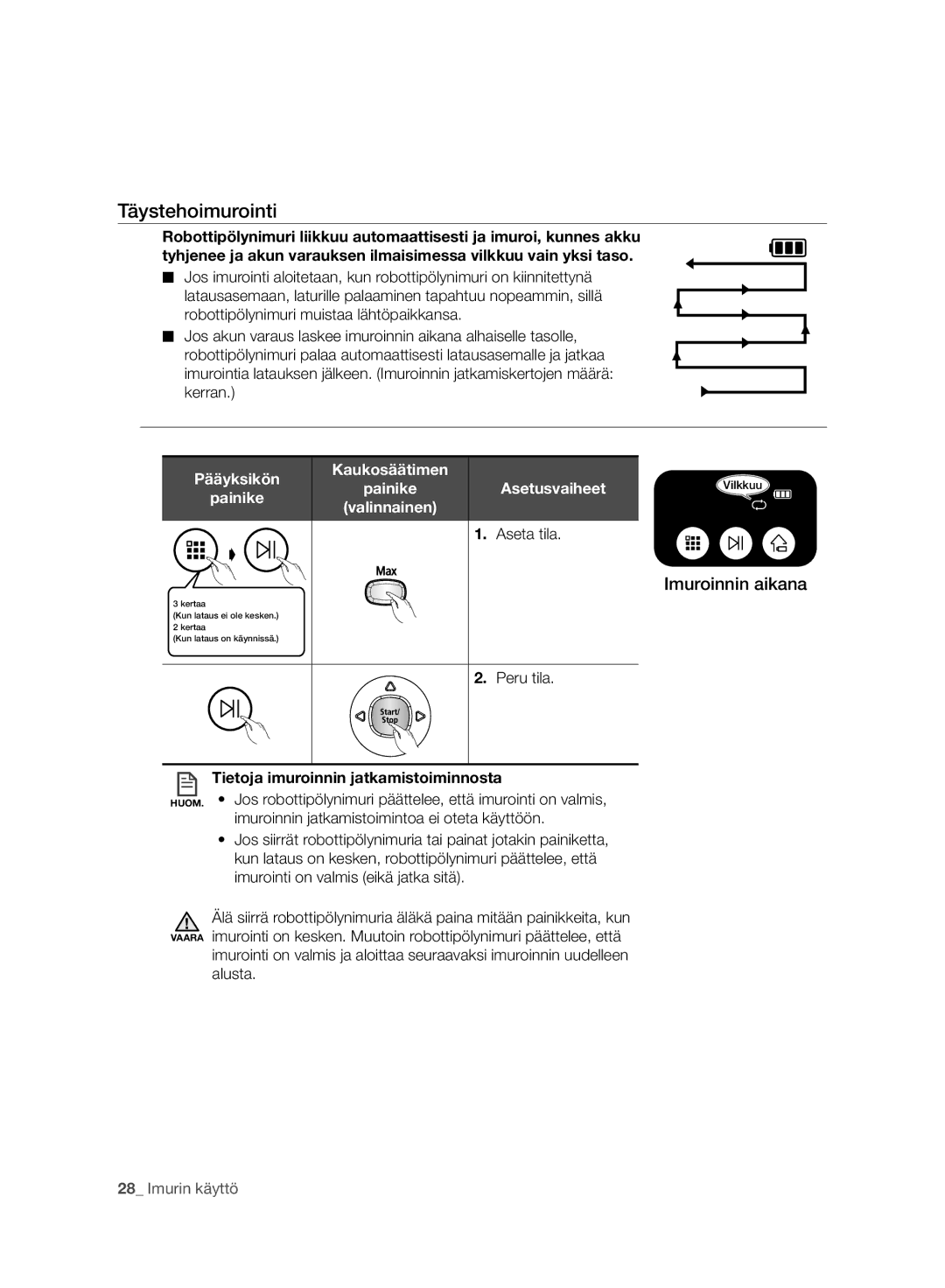 Samsung VR10BTBATBB/SW, VR10BTBATBB/EG, VR10BTBATBB/ET, VR10ATBATUB/ET, VR10BTBATBB/EE Täystehoimurointi, Imuroinnin aikana 