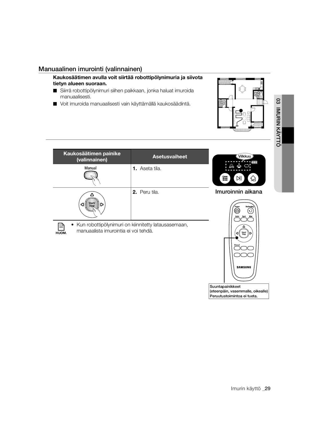 Samsung VR10BTBATBB/EG, VR10BTBATBB/ET, VR10ATBATUB/ET manual Manuaalinen imurointi valinnainen, Peru tila Imuroinnin aikana 