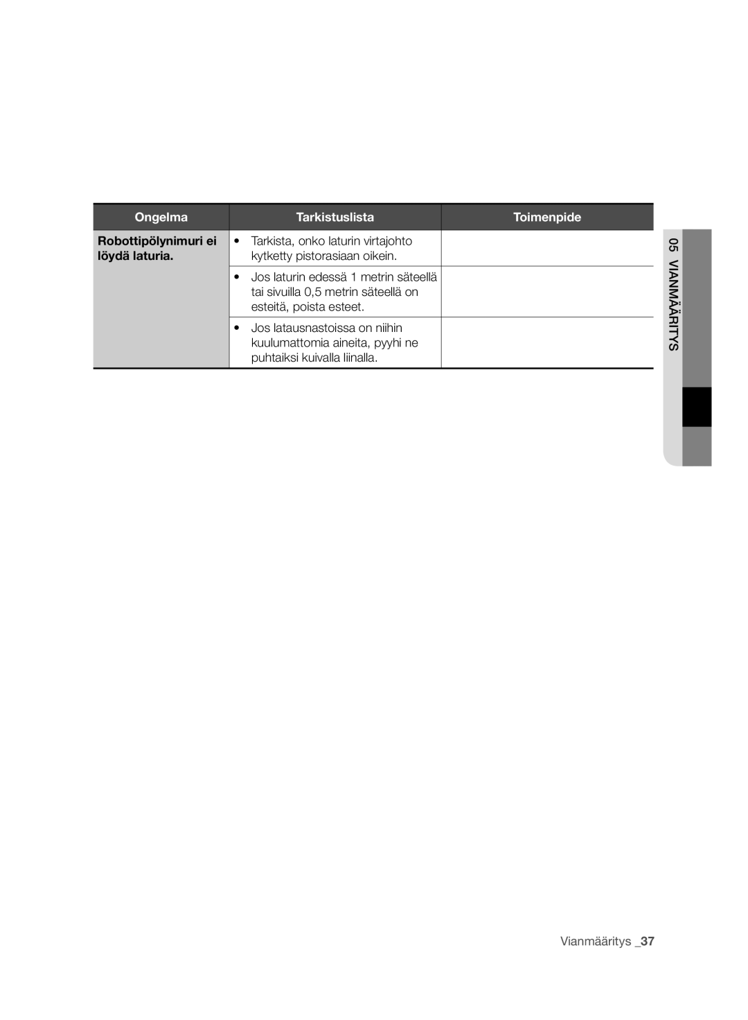 Samsung VR10BTBATBB/SW, VR10BTBATBB/EG, VR10BTBATBB/ET, VR10ATBATUB/ET manual Tarkista, onko laturin virtajohto, Löydä laturia 