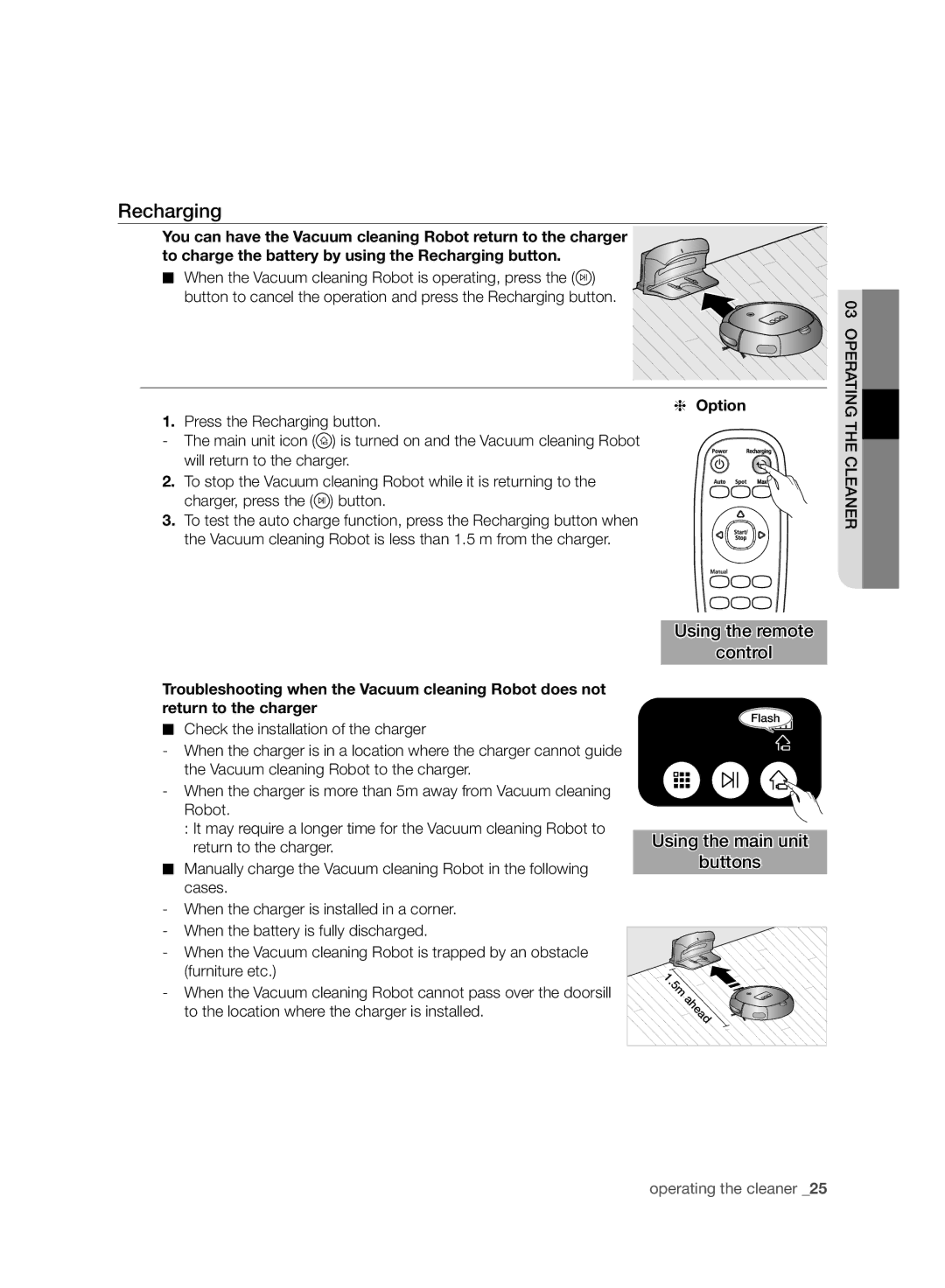 Samsung VR10BTBATBB/ML, VR10BTBATBB/EG, VR10BTBATBB/ET, VR10ATBATUB/ET, VR10BTBATBB/EE, VR10ATBATUB/EE manual Recharging, Option 