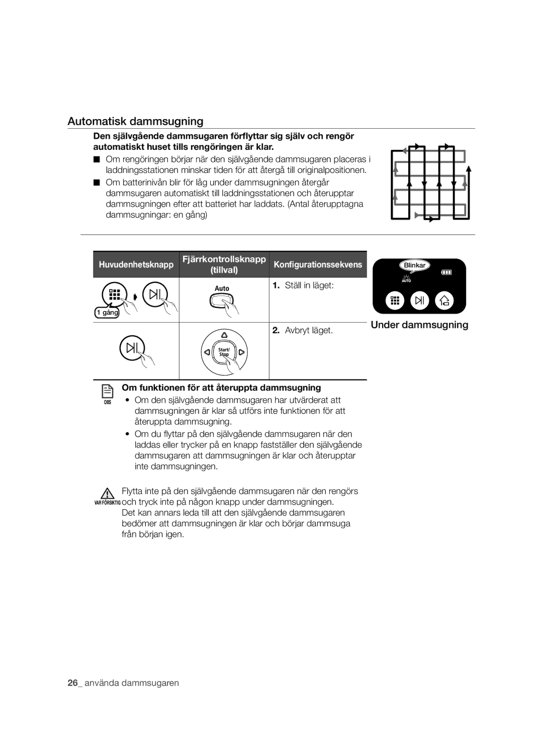 Samsung VR10BTBATBB/EE, VR10BTBATBB/EG manual Automatisk dammsugning, Konﬁgurationssekvens, Ställ in läget, Avbryt läget 