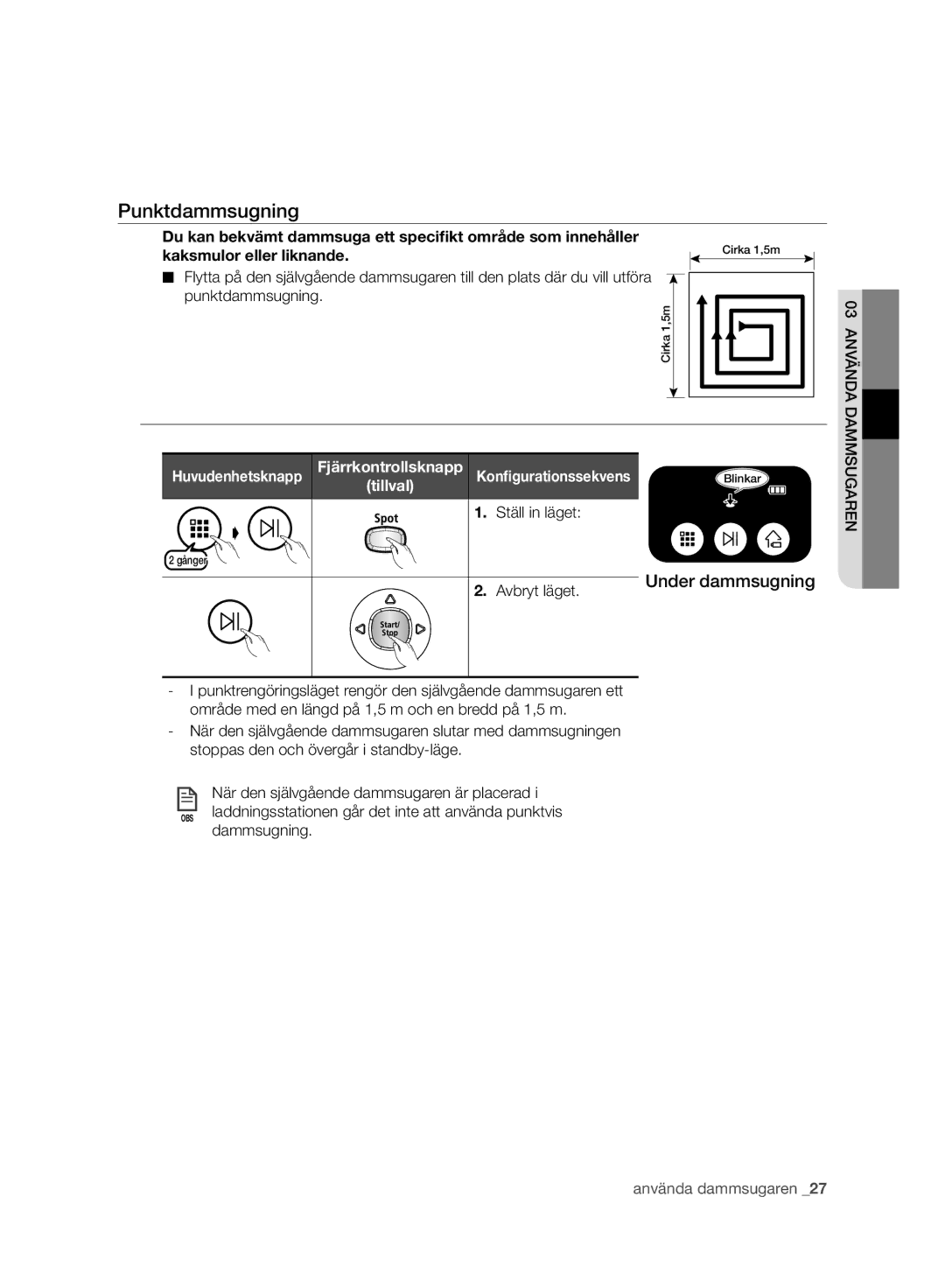 Samsung VR10ATBATUB/EE, VR10BTBATBB/EG, VR10BTBATBB/ET, VR10ATBATUB/ET, VR10BTBATBB/EE, VR10ATBATRG/ML manual Punktdammsugning 