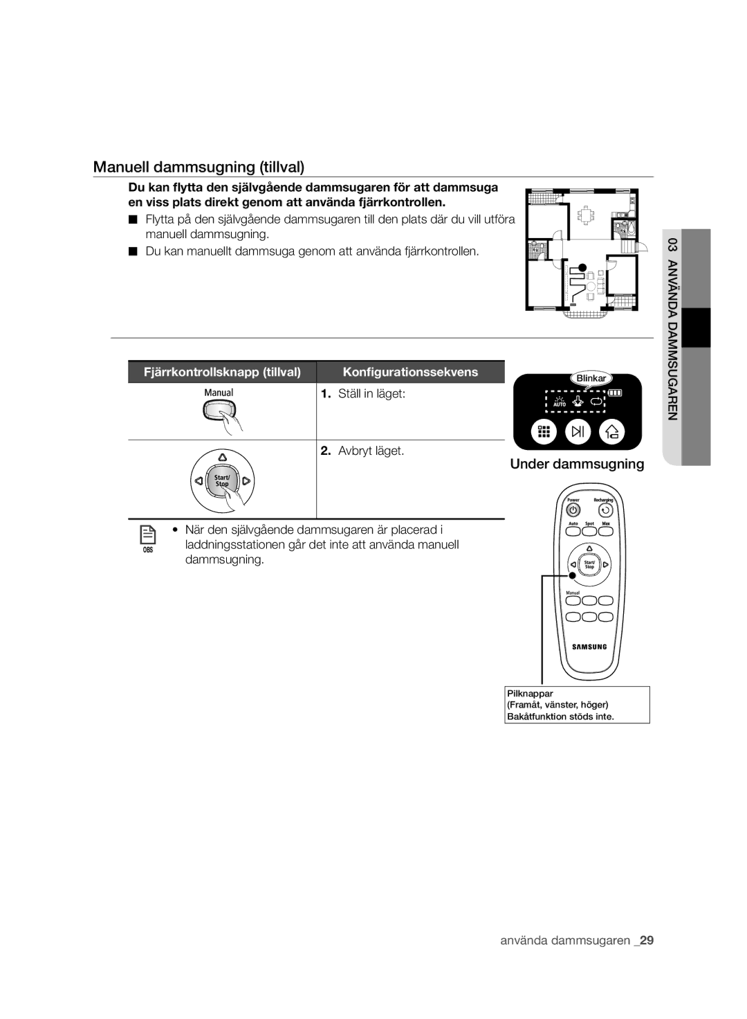 Samsung VR10ATBATUB/ML, VR10BTBATBB/EG manual Manuell dammsugning tillval, Fjärrkontrollsknapp tillval, Dammsugning 