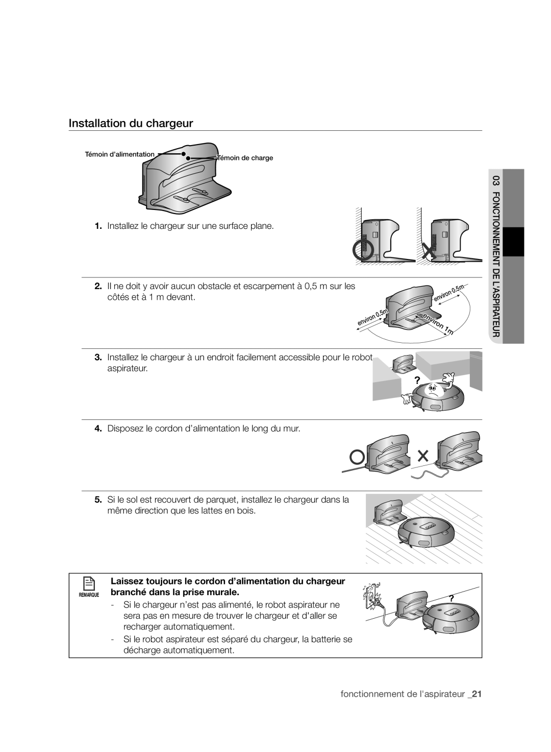 Samsung VR10BTBATGY/SW, VR10BTBATBB/EG manual Installation du chargeur, Installez le chargeur sur une surface plane 