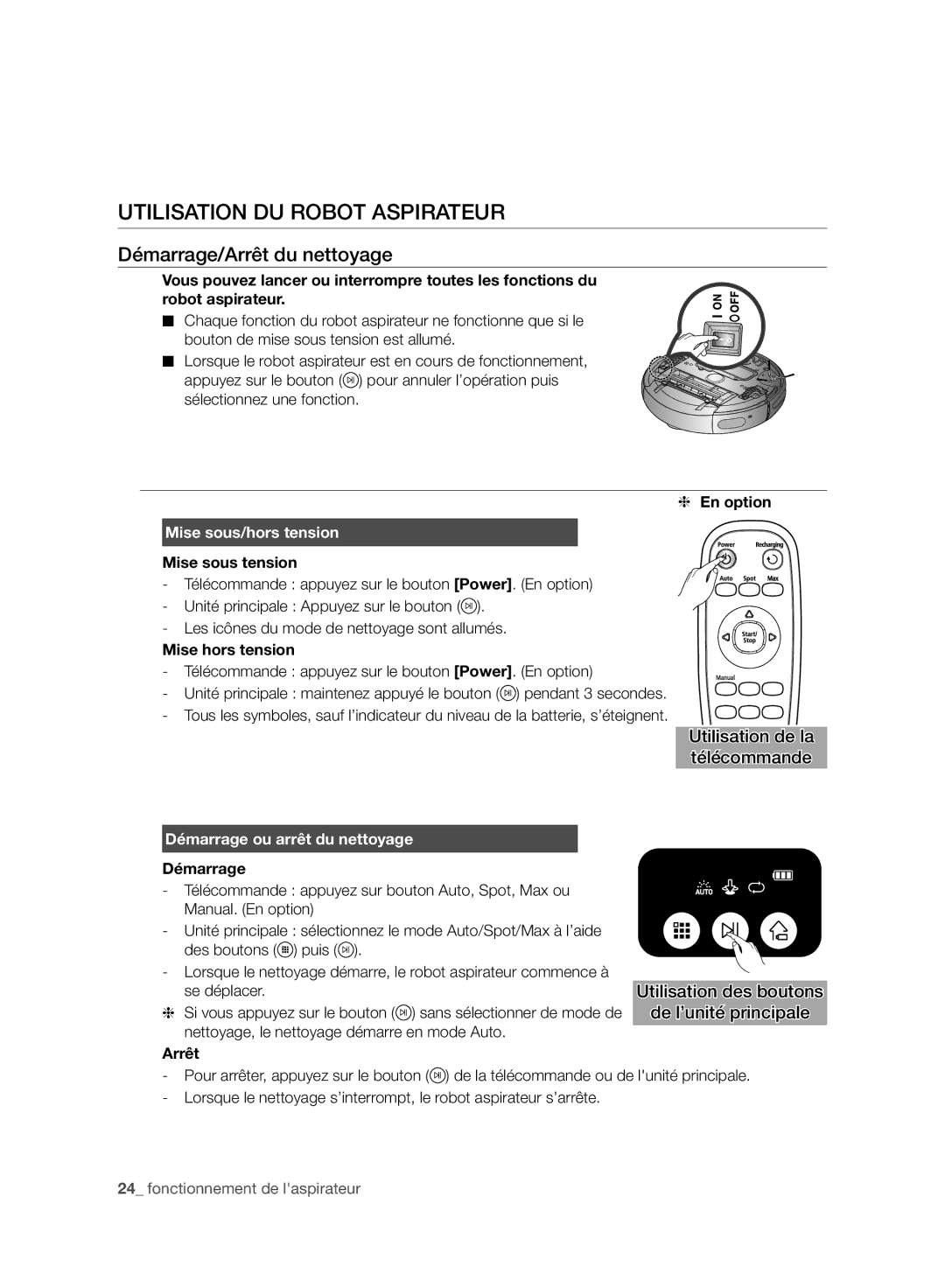 Samsung VR10BTBATBB/SW manual Utilisation DU Robot Aspirateur, Démarrage/Arrêt du nettoyage, Mise sous/hors tension 