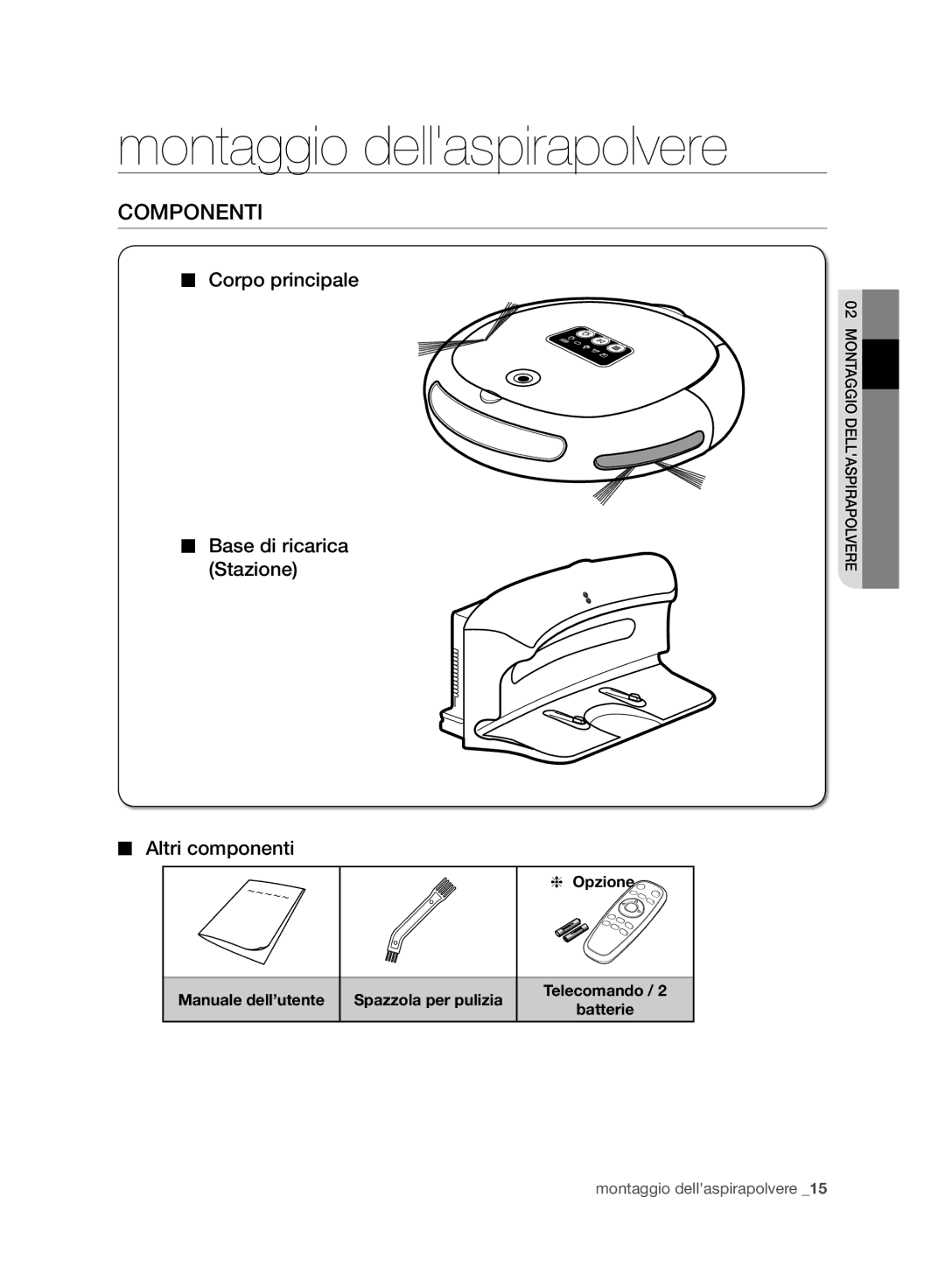 Samsung VR10BTBATBB/EG manual Montaggio dellaspirapolvere, Componenti, Opzione Manuale dell’utente Spazzola per pulizia 