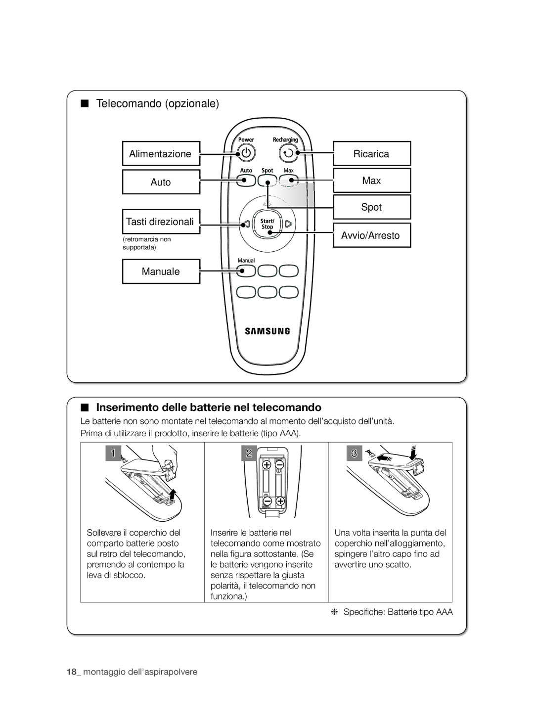 Samsung VR10BTBATBB/ML, VR10BTBATBB/EG, VR10BTBATGY/SW, VR10BTBATUB/SW Telecomando opzionale, Speciﬁ che Batterie tipo AAA 