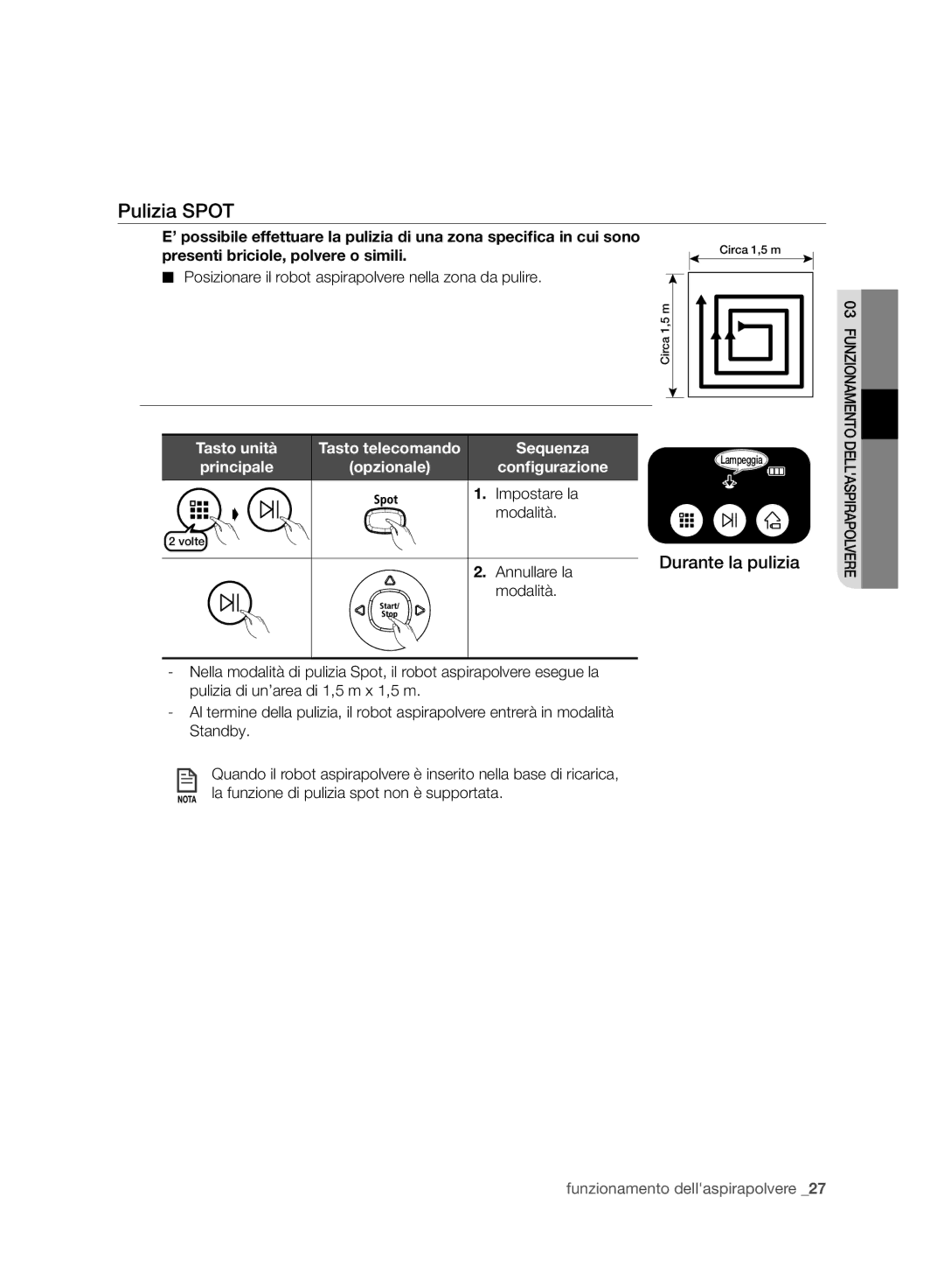 Samsung VR10BTBATUB/SW manual Pulizia Spot, Presenti briciole, polvere o simili, Principale Opzionale Conﬁgurazione 