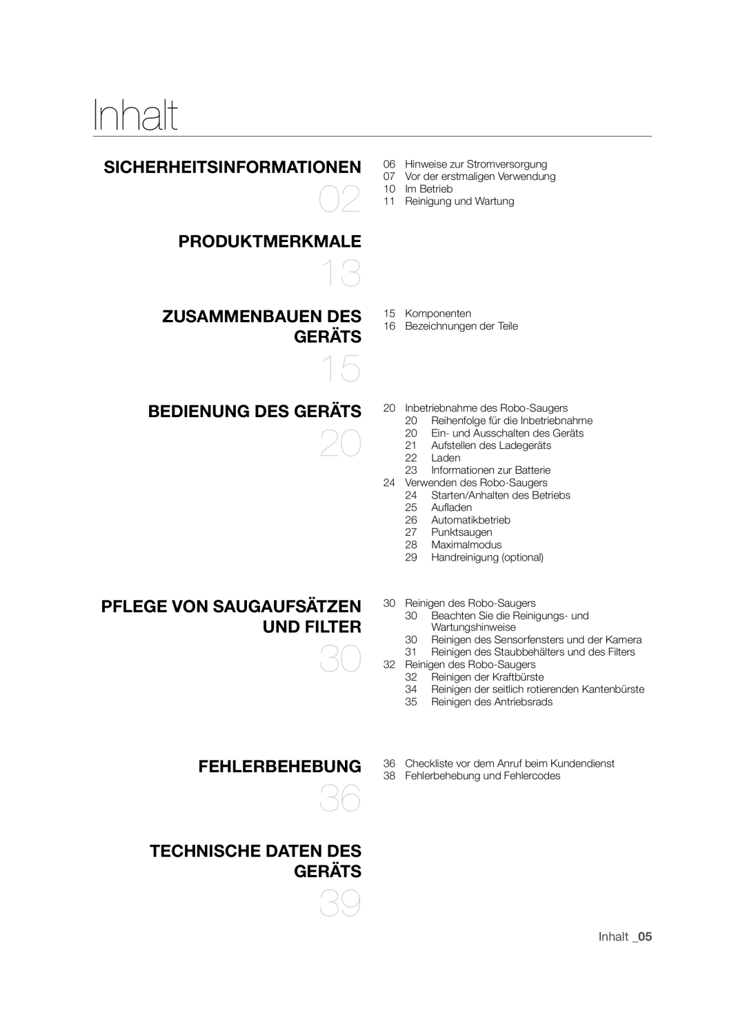 Samsung VR10BTBATBB/EG, VR10BTBATGY/SW, VR10BTBATUB/SW, VR10BTBATBB/ML manual Inhalt, Sicherheitsinformationen Produktmerkmale 