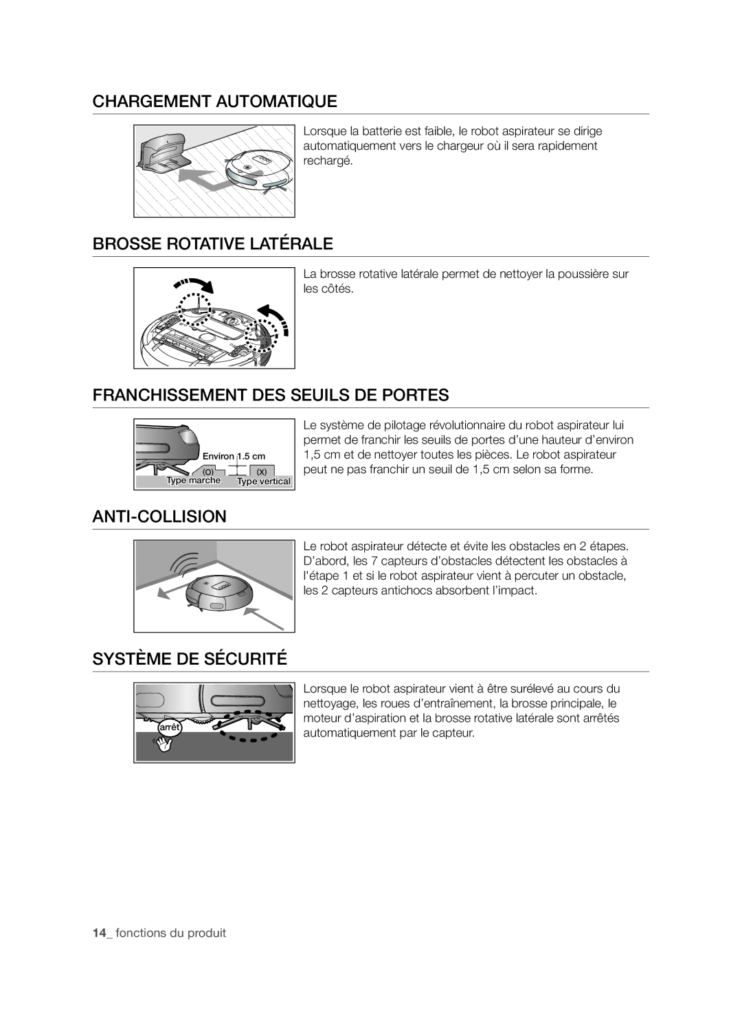 Samsung VR10BTBATBB/SW manual Chargement Automatique, Brosse Rotative Latérale, Franchissement DES Seuils DE Portes 