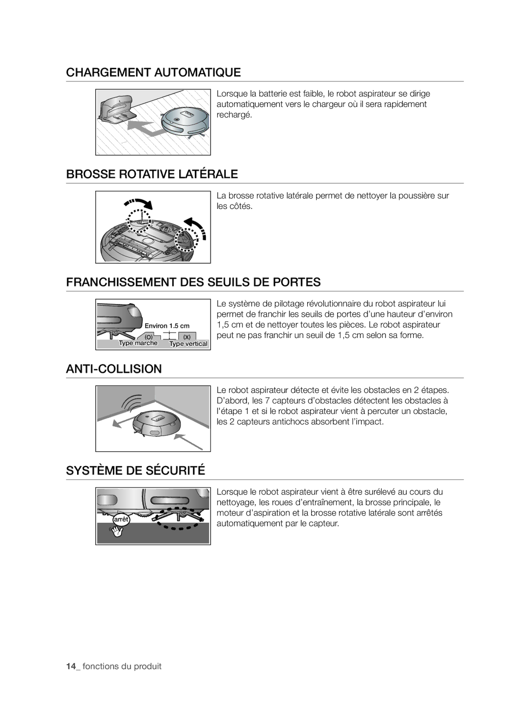 Samsung VR10BTBATRD/EF manual Chargement Automatique, Brosse Rotative Latérale, Franchissement DES Seuils DE Portes 