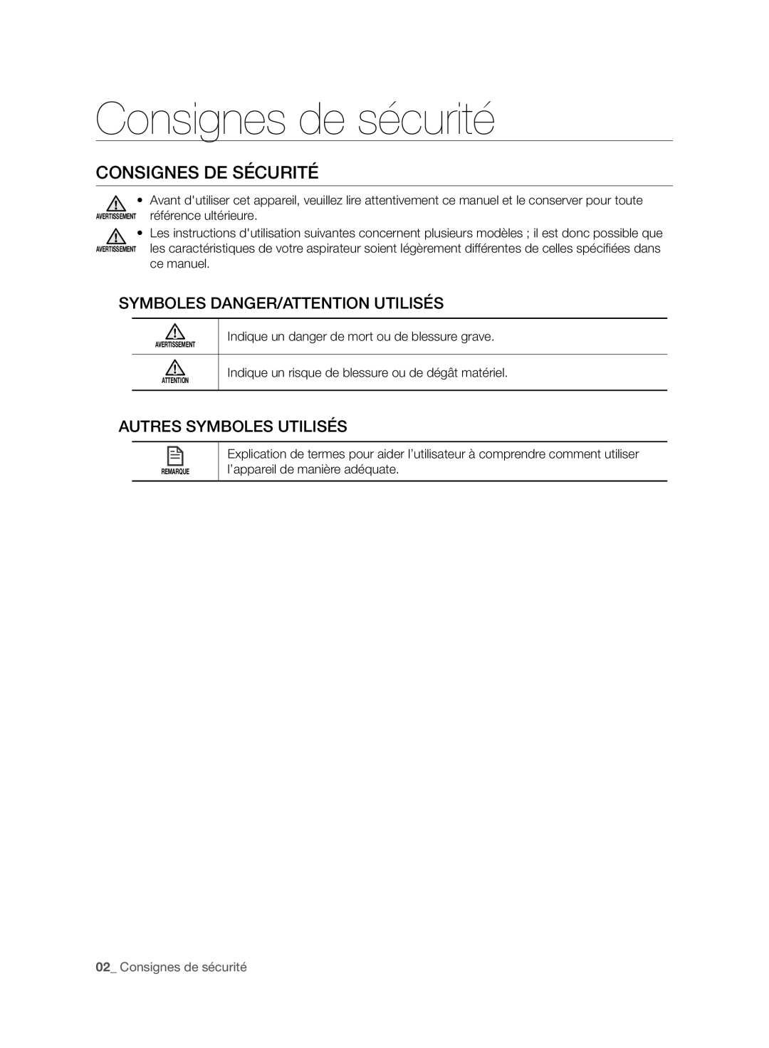 Samsung VR10BTBATRD/EF manual Consignes de sécurité, Consignes DE Sécurité, Indique un danger de mort ou de blessure grave 