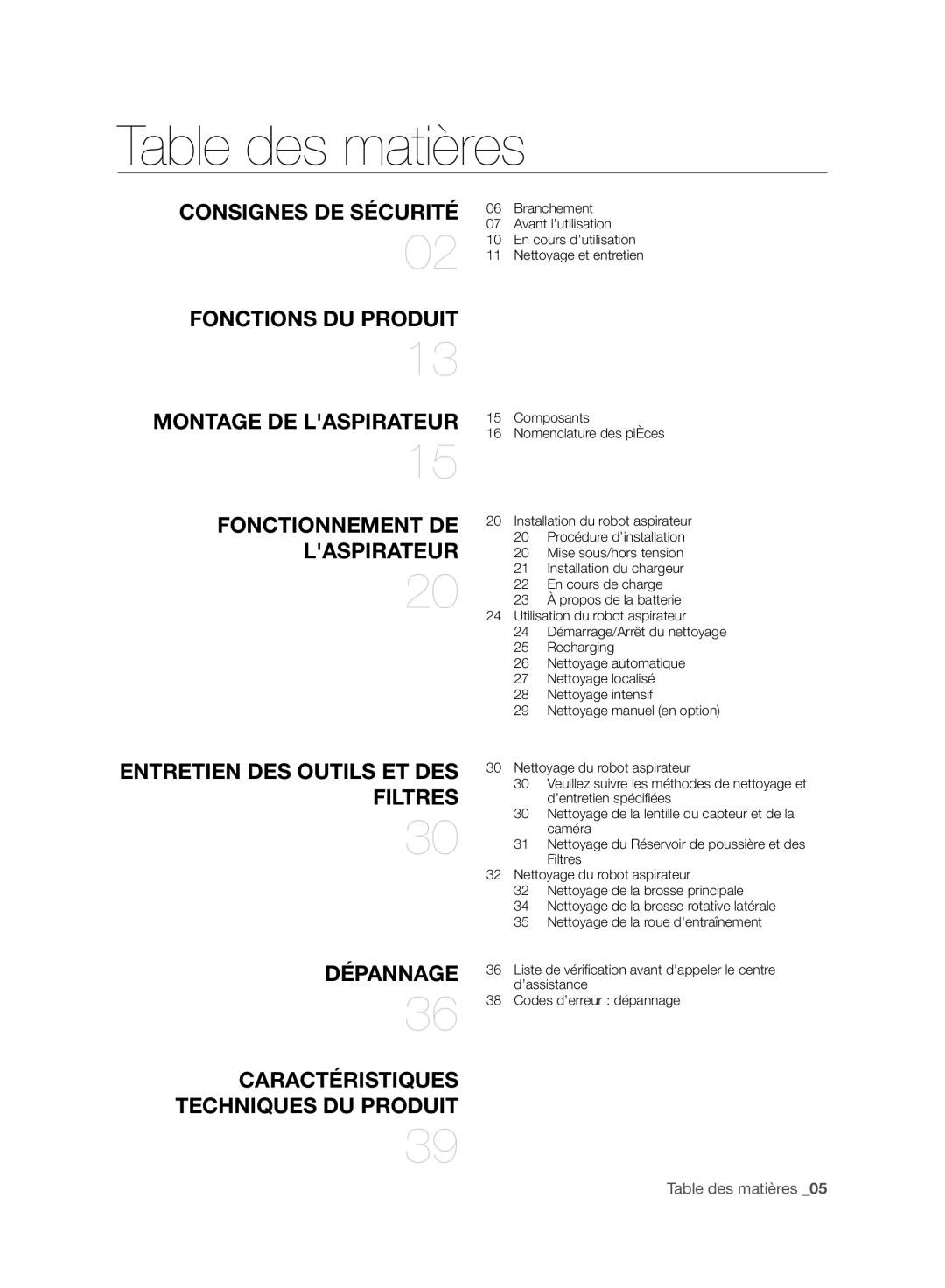 Samsung VR10BTBATRG/EF, VR10BTBATUB/EF, VR10BTBATRD/EF, VR10ATBATRG/EF manual Table des matières, Laspirateur 