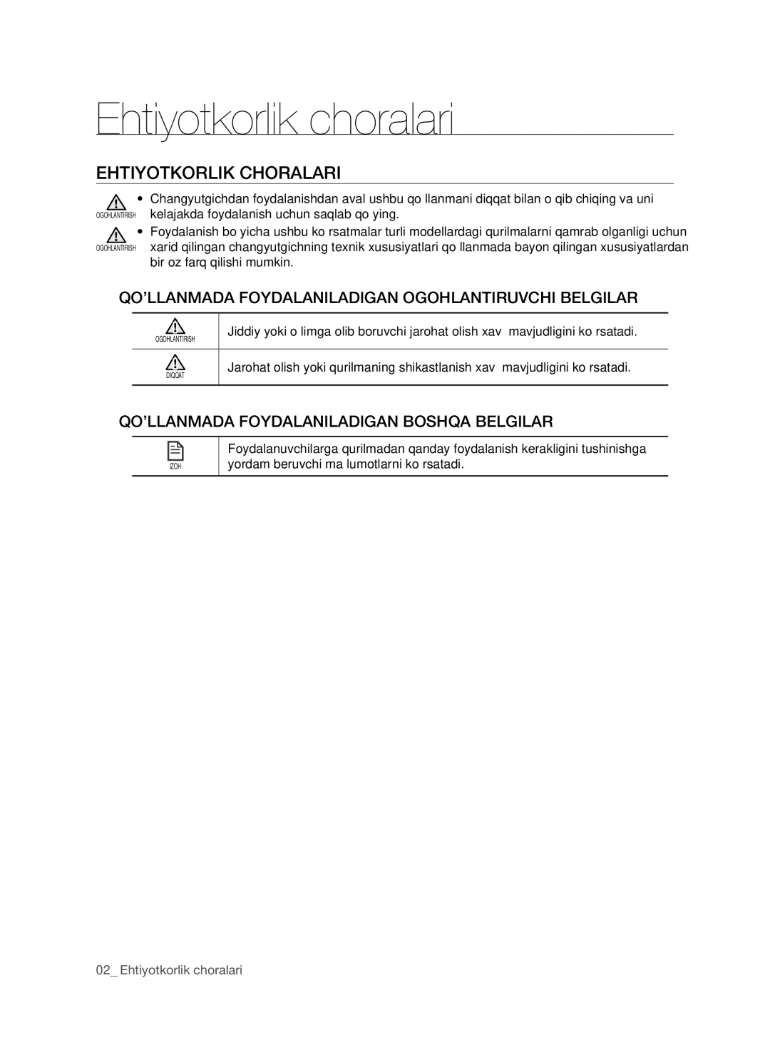 Samsung VR10BTBATBB/EV, VR10DTBATBB/EV, VR10ATBATRD/EV, VR10CTBATRD/EV manual Ehtiyotkorlik choralari, Ehtiyotkorlik Choralari 