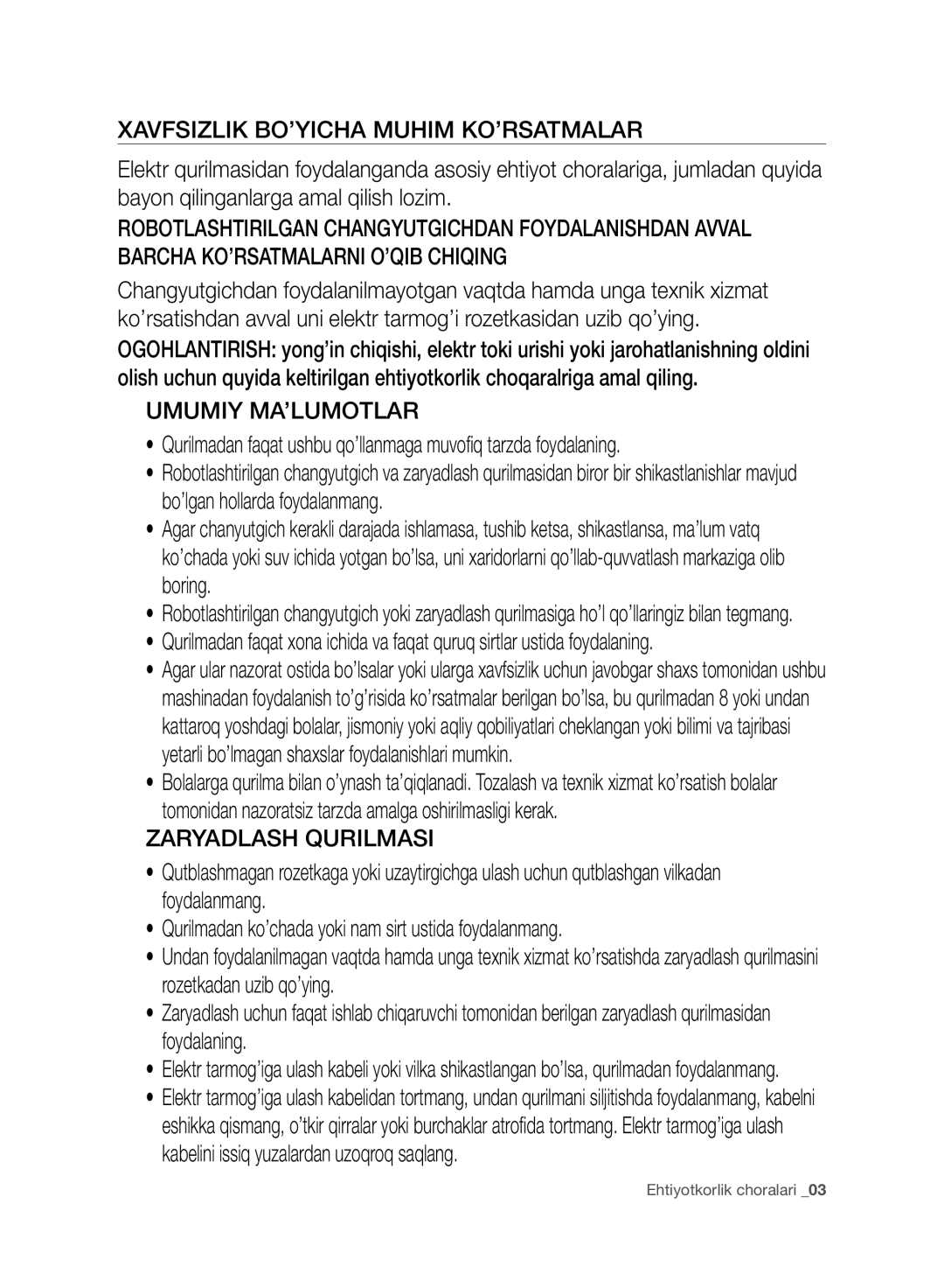 Samsung VR10CTBATRD/EV, VR10DTBATBB/EV, VR10ATBATRD/EV, VR10BTBATBB/EV manual Xavfsizlik BO’YICHA Muhim KO’RSATMALAR 