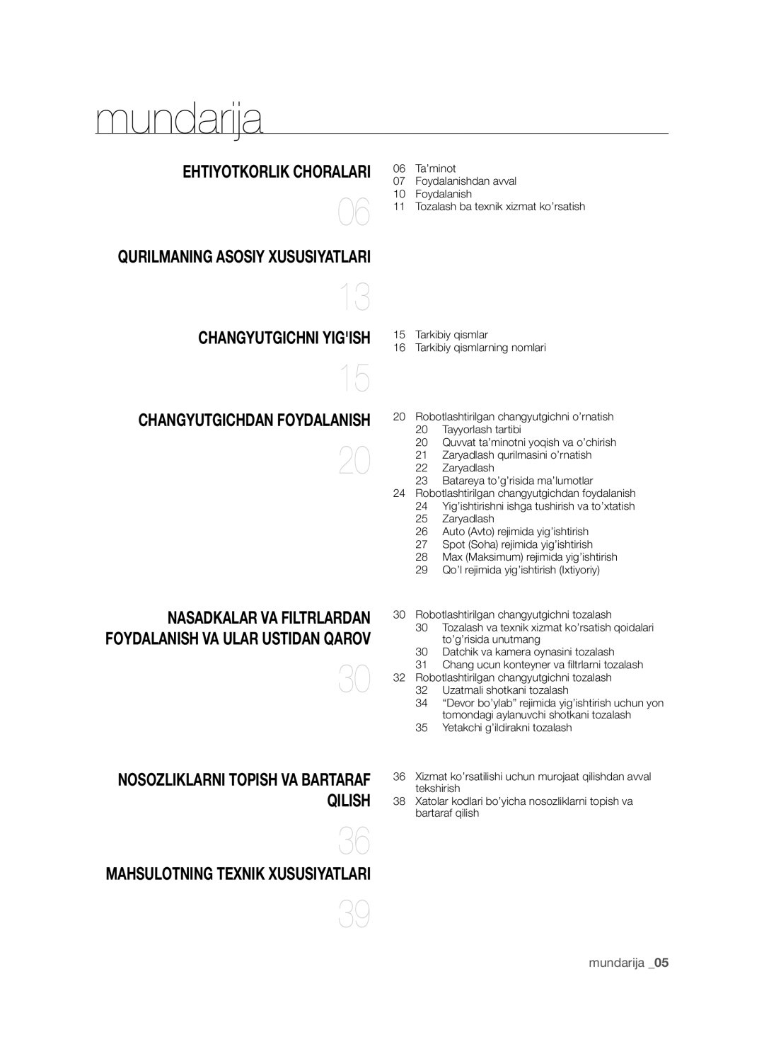 Samsung VR10ATBATRD/EV, VR10DTBATBB/EV, VR10BTBATBB/EV manual Mundarija, Ehtiyotkorlik Choralari, Changyutgichni Yigish 