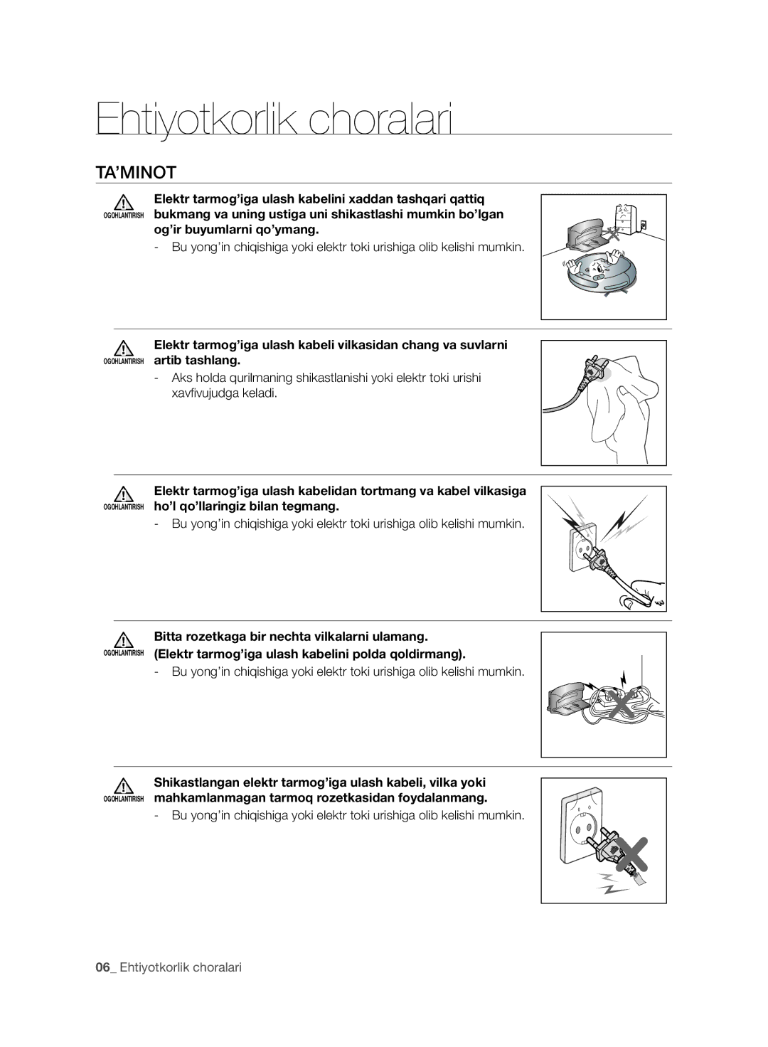 Samsung VR10BTBATBB/EV, VR10DTBATBB/EV, VR10ATBATRD/EV, VR10CTBATRD/EV manual Ta’Minot, Og’ir buyumlarni qo’ymang 