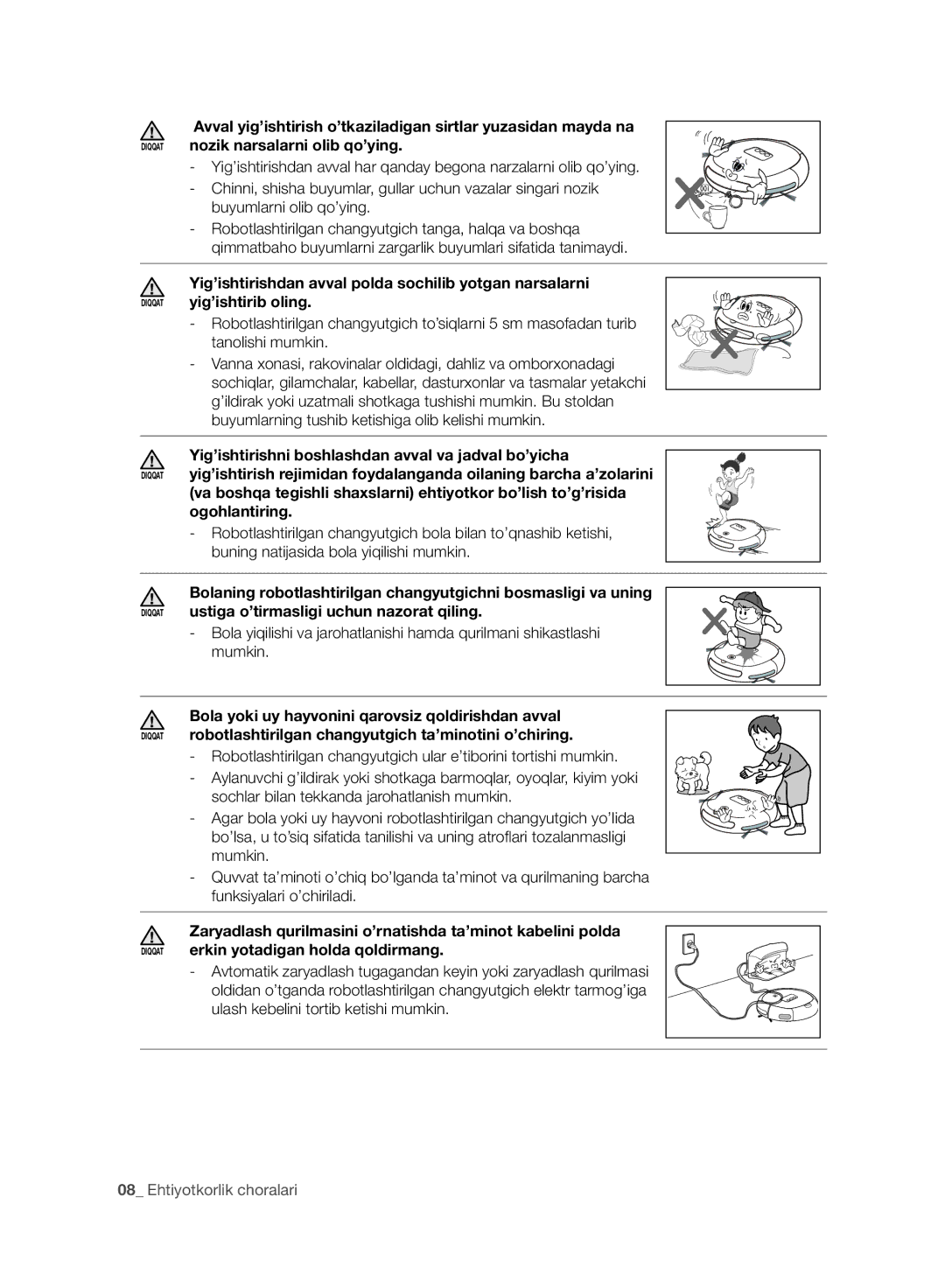 Samsung VR10DTBATBB/EV, VR10ATBATRD/EV, VR10BTBATBB/EV, VR10CTBATRD/EV manual Ehtiyotkorlik choralari 