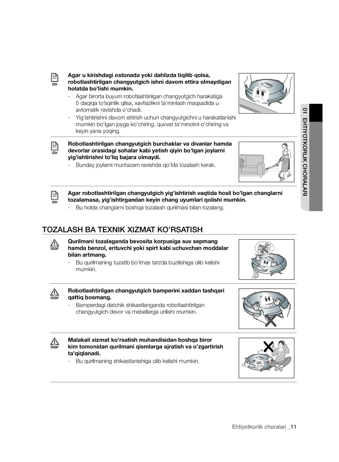 Samsung VR10CTBATRD/EV, VR10DTBATBB/EV, VR10ATBATRD/EV, VR10BTBATBB/EV manual Tozalash BA Texnik Xizmat KO’RSATISH 