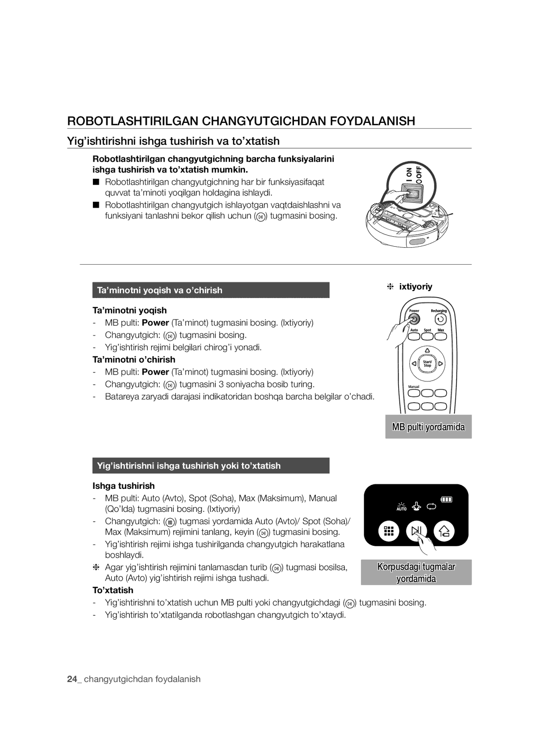 Samsung VR10DTBATBB/EV manual Robotlashtirilgan Changyutgichdan Foydalanish, Yig’ishtirishni ishga tushirish va to’xtatish 