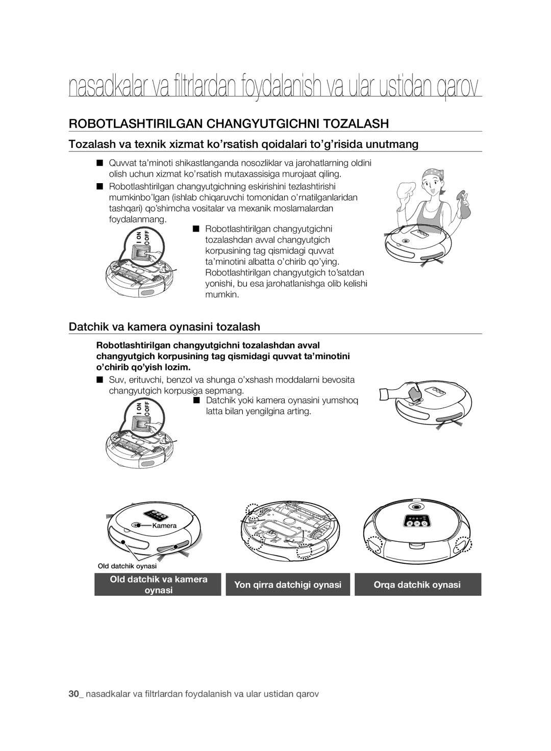 Samsung VR10BTBATBB/EV, VR10DTBATBB/EV manual Robotlashtirilgan Changyutgichni Tozalash, Datchik va kamera oynasini tozalash 