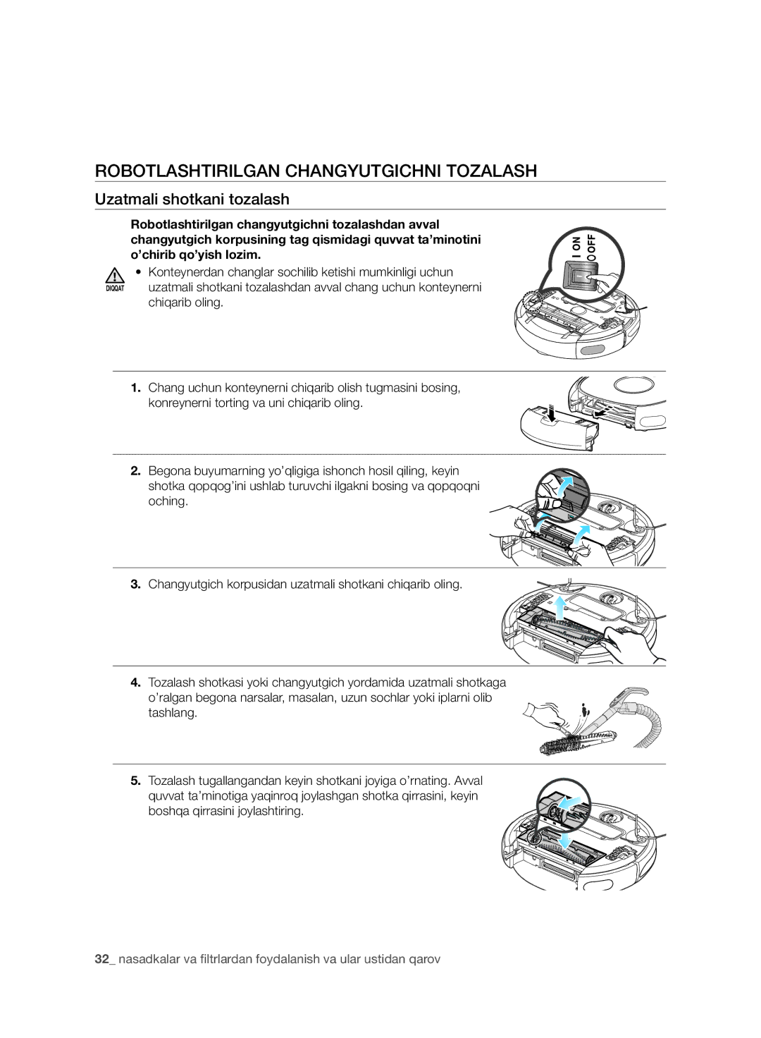 Samsung VR10DTBATBB/EV, VR10ATBATRD/EV, VR10BTBATBB/EV, VR10CTBATRD/EV manual Uzatmali shotkani tozalash 