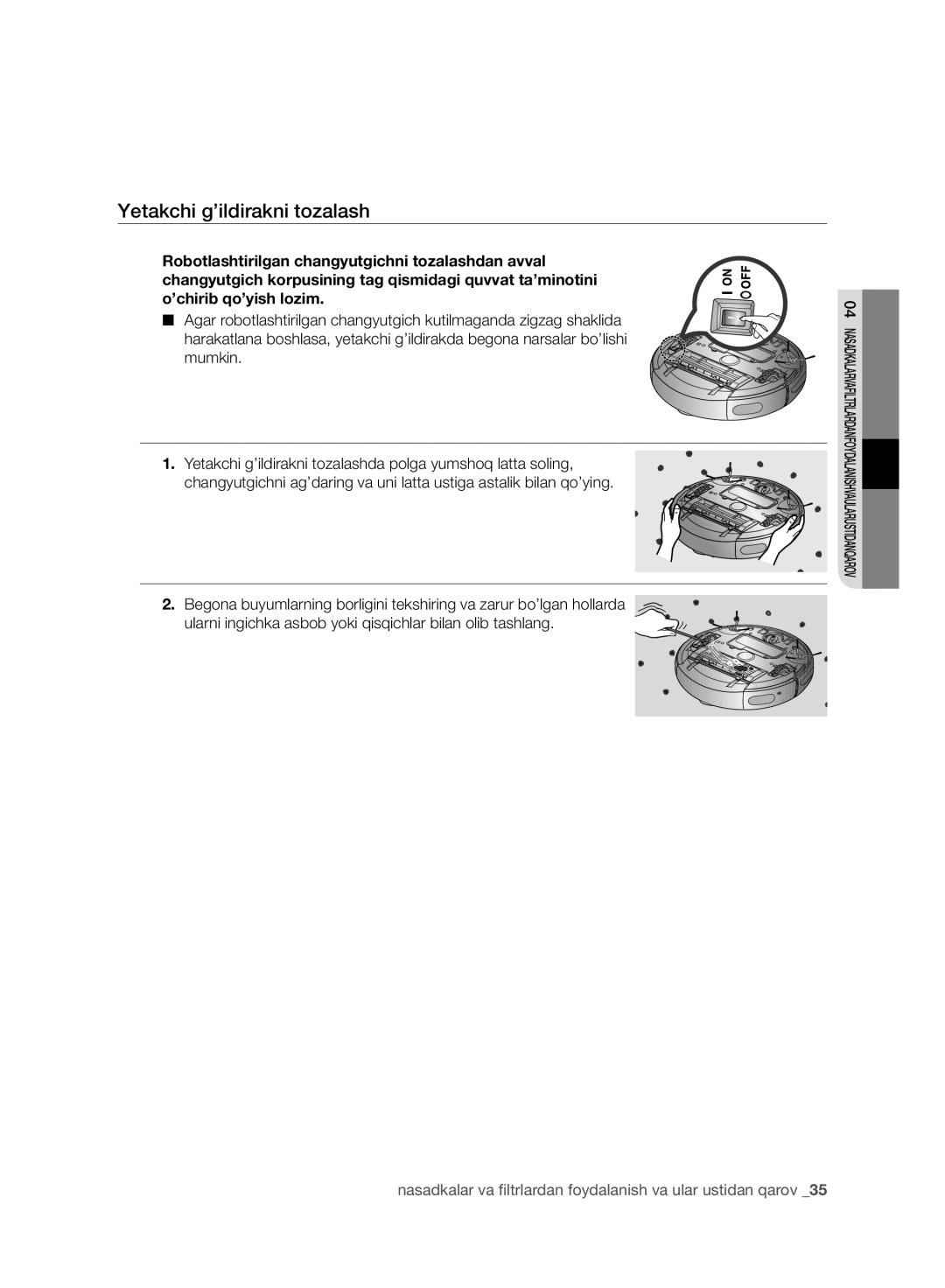 Samsung VR10CTBATRD/EV, VR10DTBATBB/EV, VR10ATBATRD/EV, VR10BTBATBB/EV manual Yetakchi g’ildirakni tozalash 