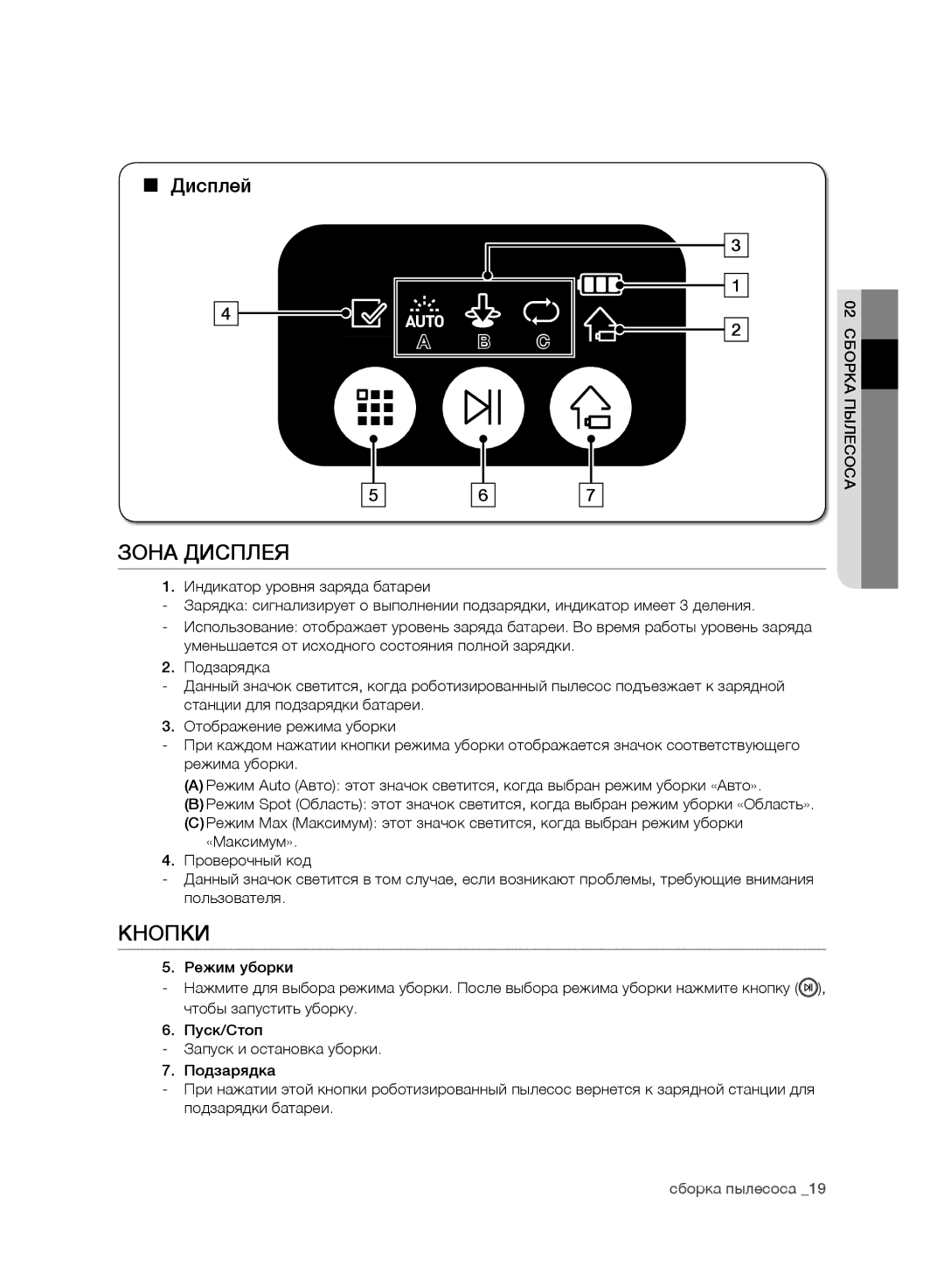 Samsung VR10CTBATRD/EV, VR10DTBATBB/EV, VR10ATBATRD/EV, VR10BTBATBB/EV manual Зона Дисплея, Кнопки, Дисплей 