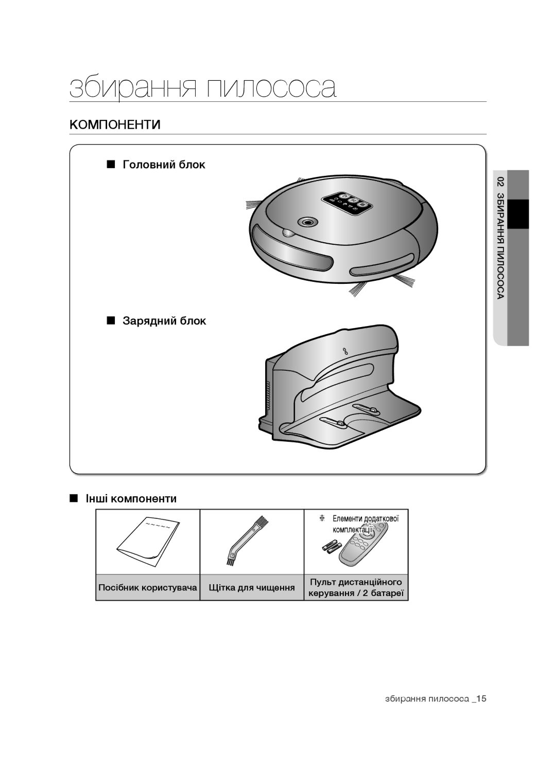 Samsung VR10CTBATRD/EV manual Збирання пилососа, Компоненти, Головний блок Зарядний блок Інші компоненти, Комплектації 