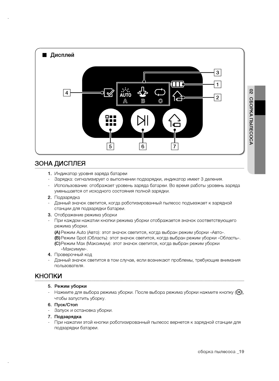 Samsung VR10CTBATRD/EV, VR10DTBATBB/EV, VR10ATBATRD/EV, VR10BTBATBB/EV manual Зона Дисплея, Кнопки, Дисплей 