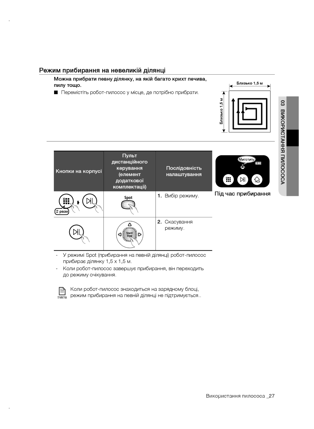 Samsung VR10CTBATRD/EV, VR10DTBATBB/EV, VR10ATBATRD/EV manual Режим прибирання на невеликій ділянці, Скасування Режиму 