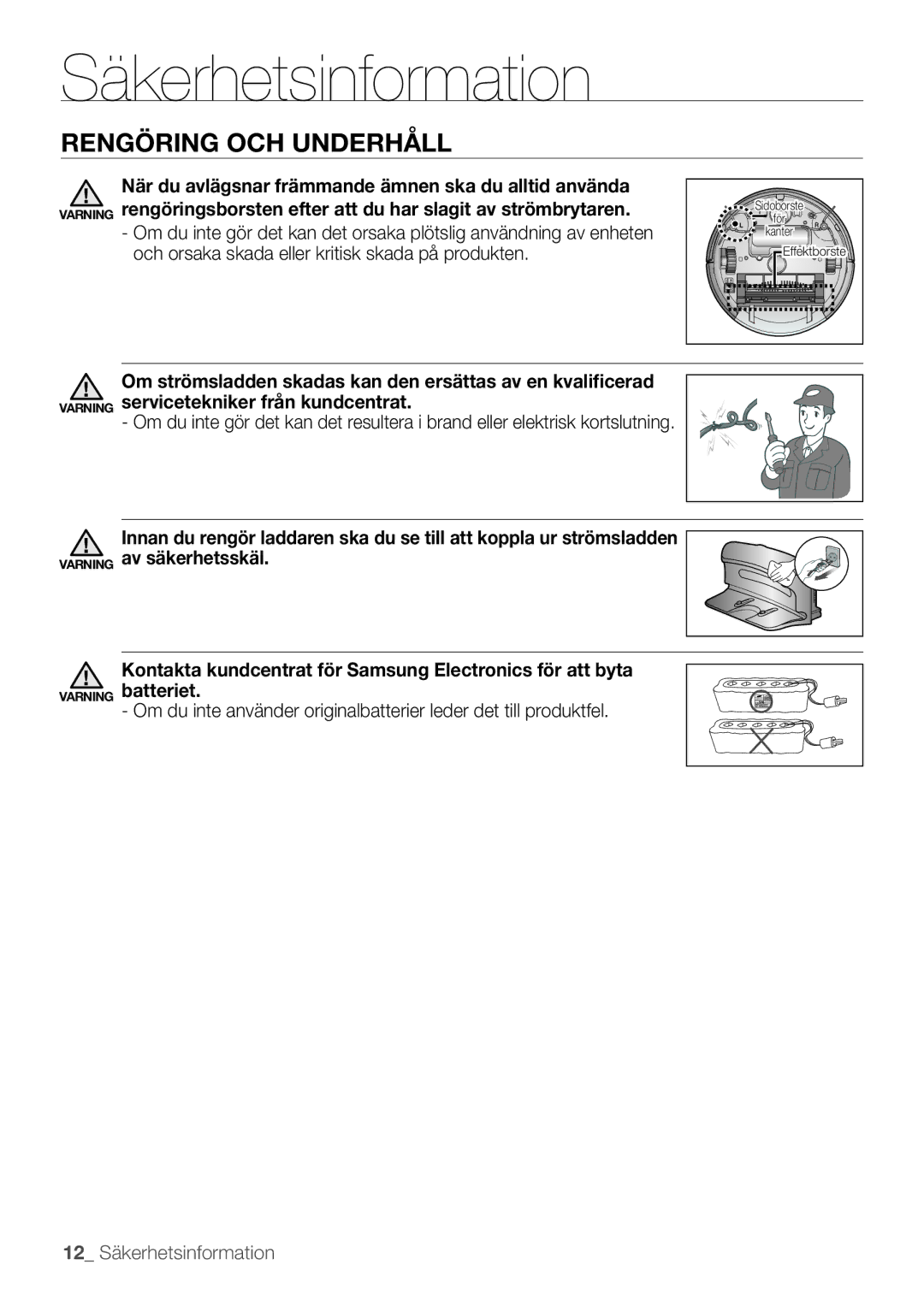 Samsung VR10F53TBCG/EE manual 12 Säkerhetsinformation 