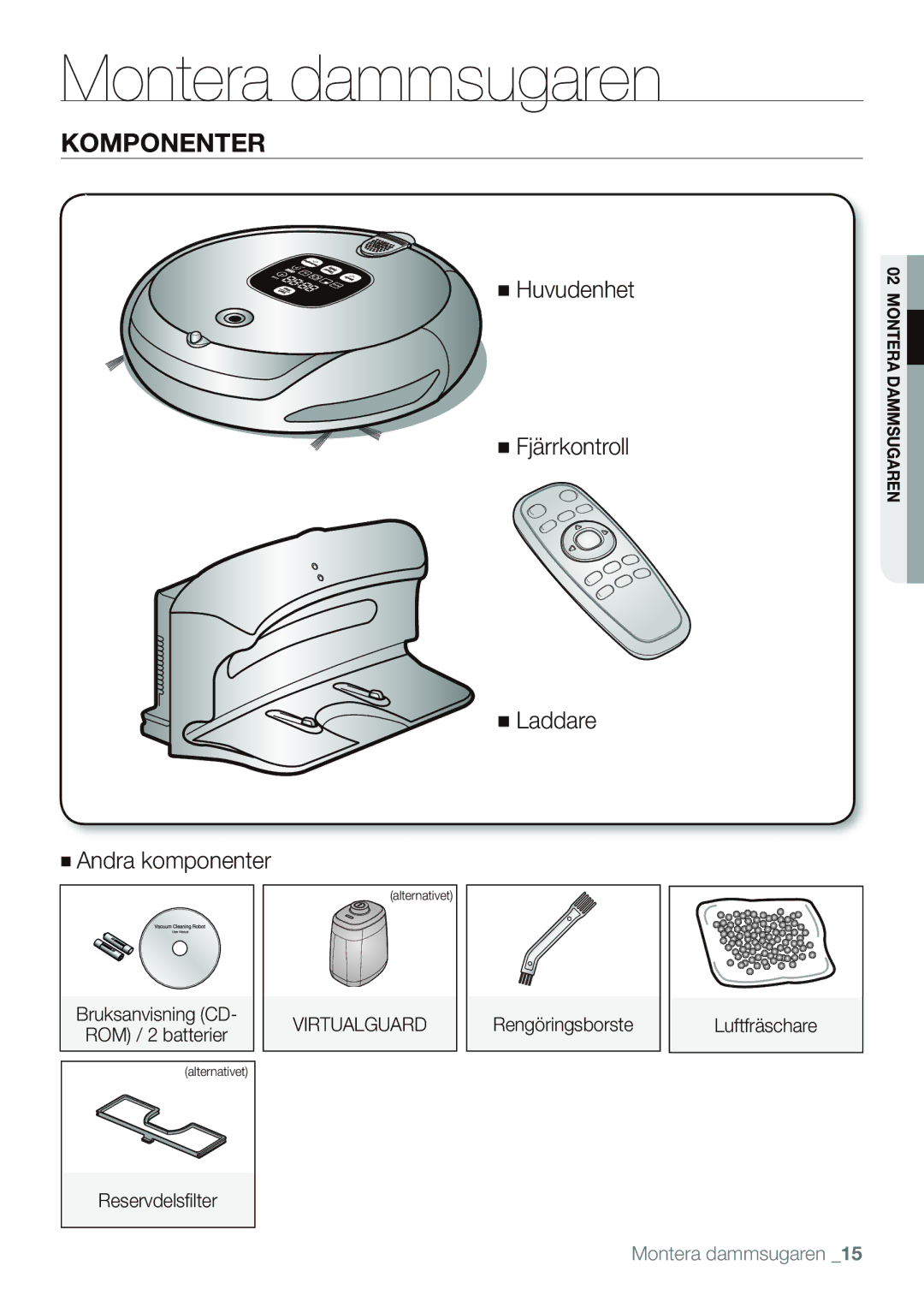 Samsung VR10F53TBCG/EE manual Montera dammsugaren, Komponenter, 578$/*8$5 Rengöringsborste Luftfräschare, Reservdelsﬁlter 