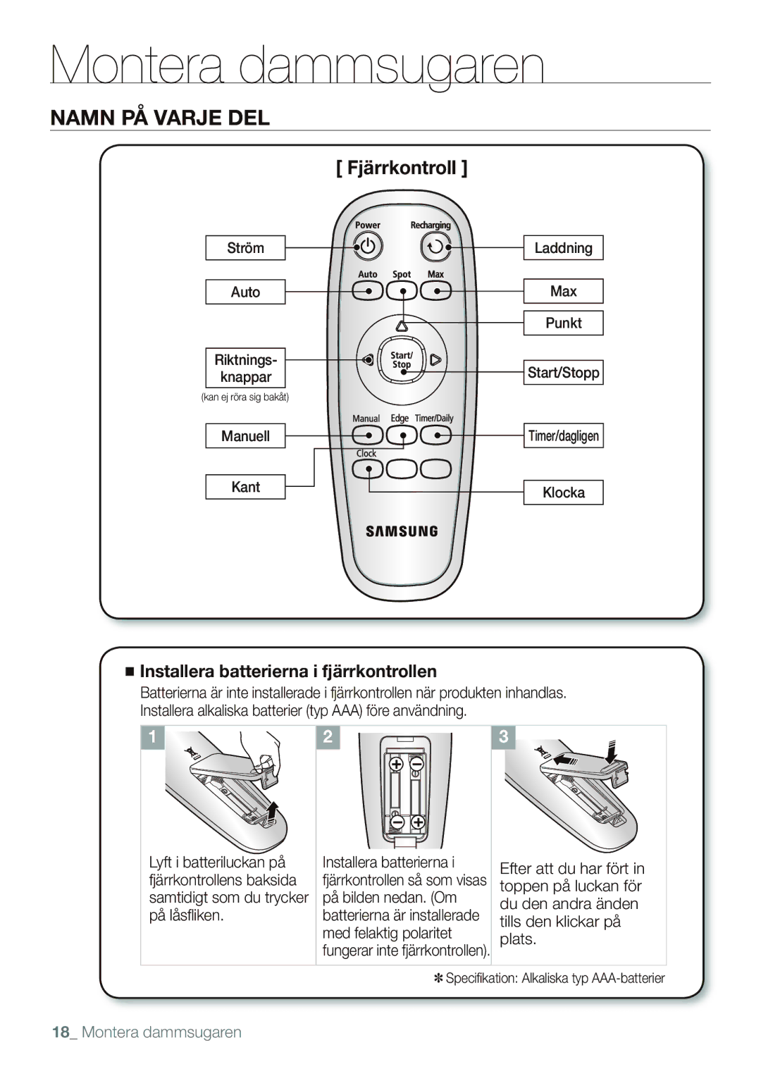 Samsung VR10F53TBCG/EE manual Fjärrkontroll, QvwdoohudDondolvndEdwwhulhuW\S$$$I¸UhDqyqgqlqj 