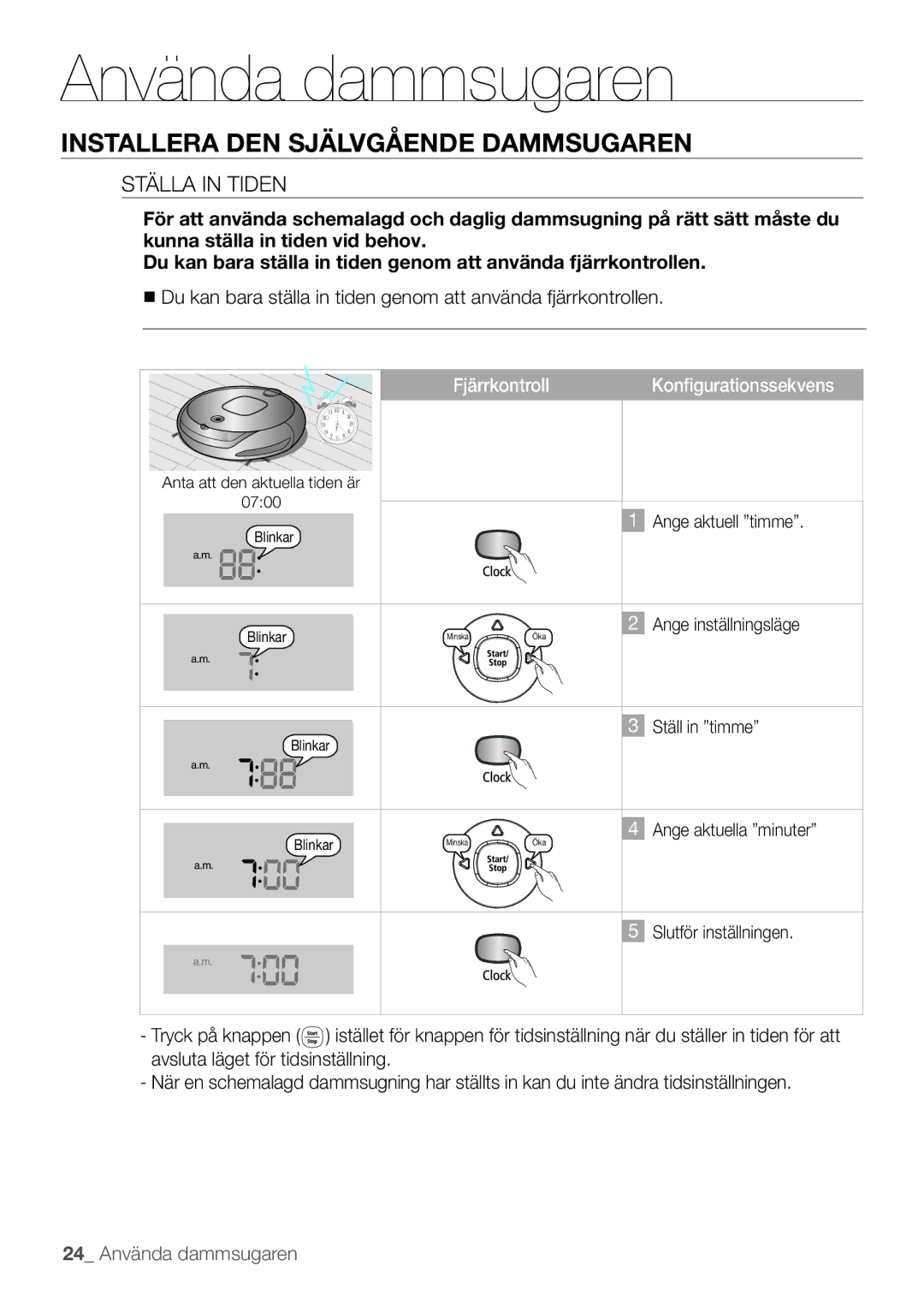 Samsung VR10F53TBCG/EE manual Ställa in Tiden, Fjärrkontroll 