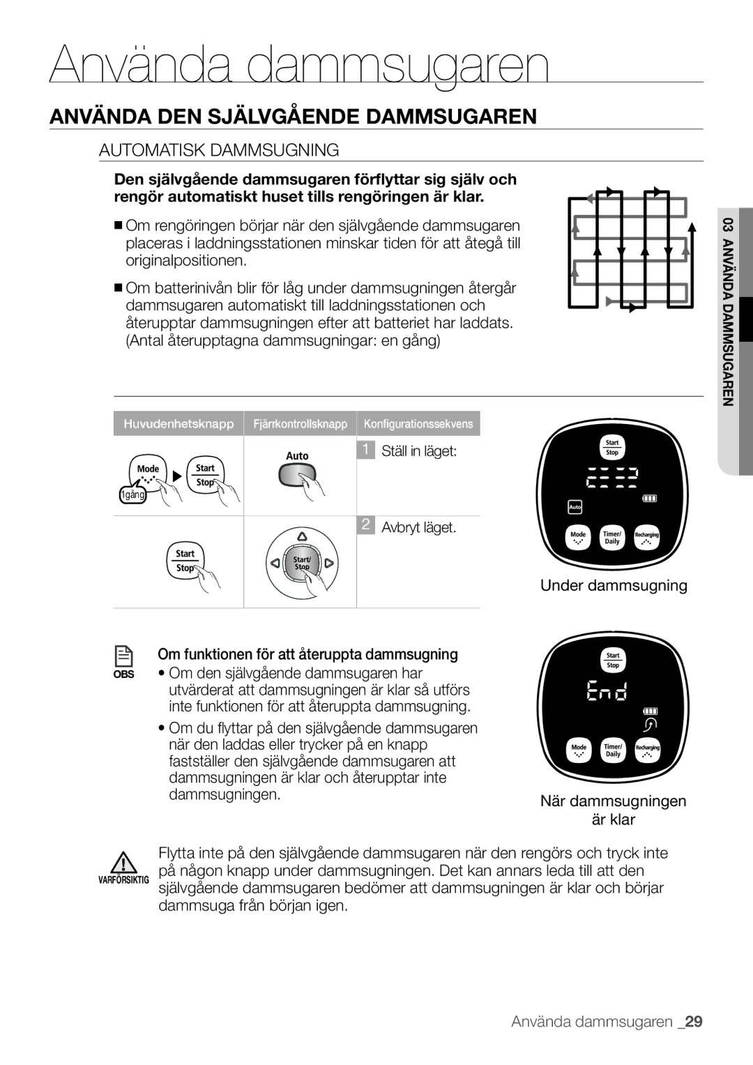 Samsung VR10F53TBCG/EE manual Automatisk Dammsugning, Dammsuga från början igen 