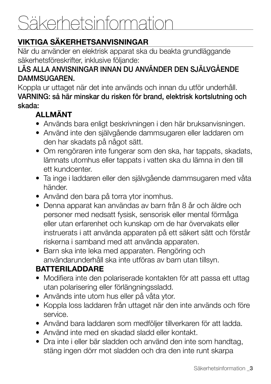 Samsung VR10F53TBCG/EE manual Viktiga Säkerhetsanvisningar, Allmänt, Batteriladdare 