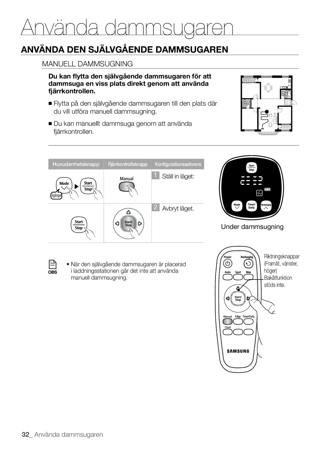 Samsung VR10F53TBCG/EE manual Manuell Dammsugning 