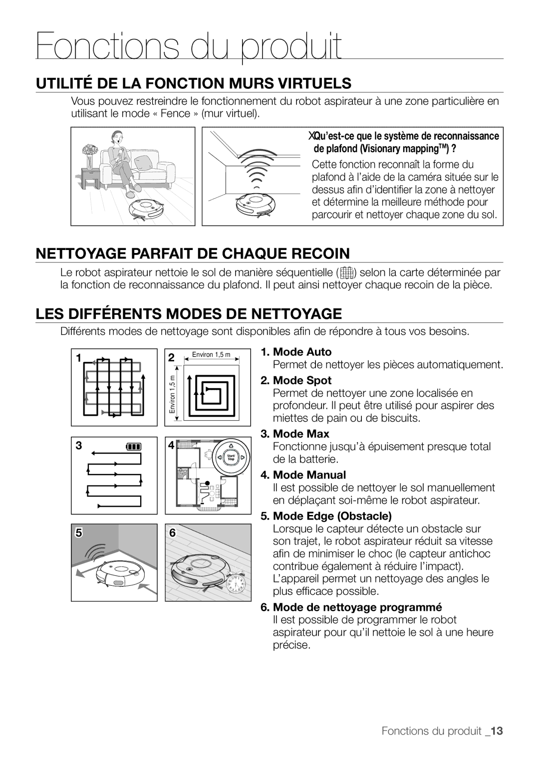 Samsung VR10F53TBCG/EF Fonctions du produit, Utilité DE LA Fonction Murs Virtuels, Nettoyage Parfait DE Chaque Recoin 