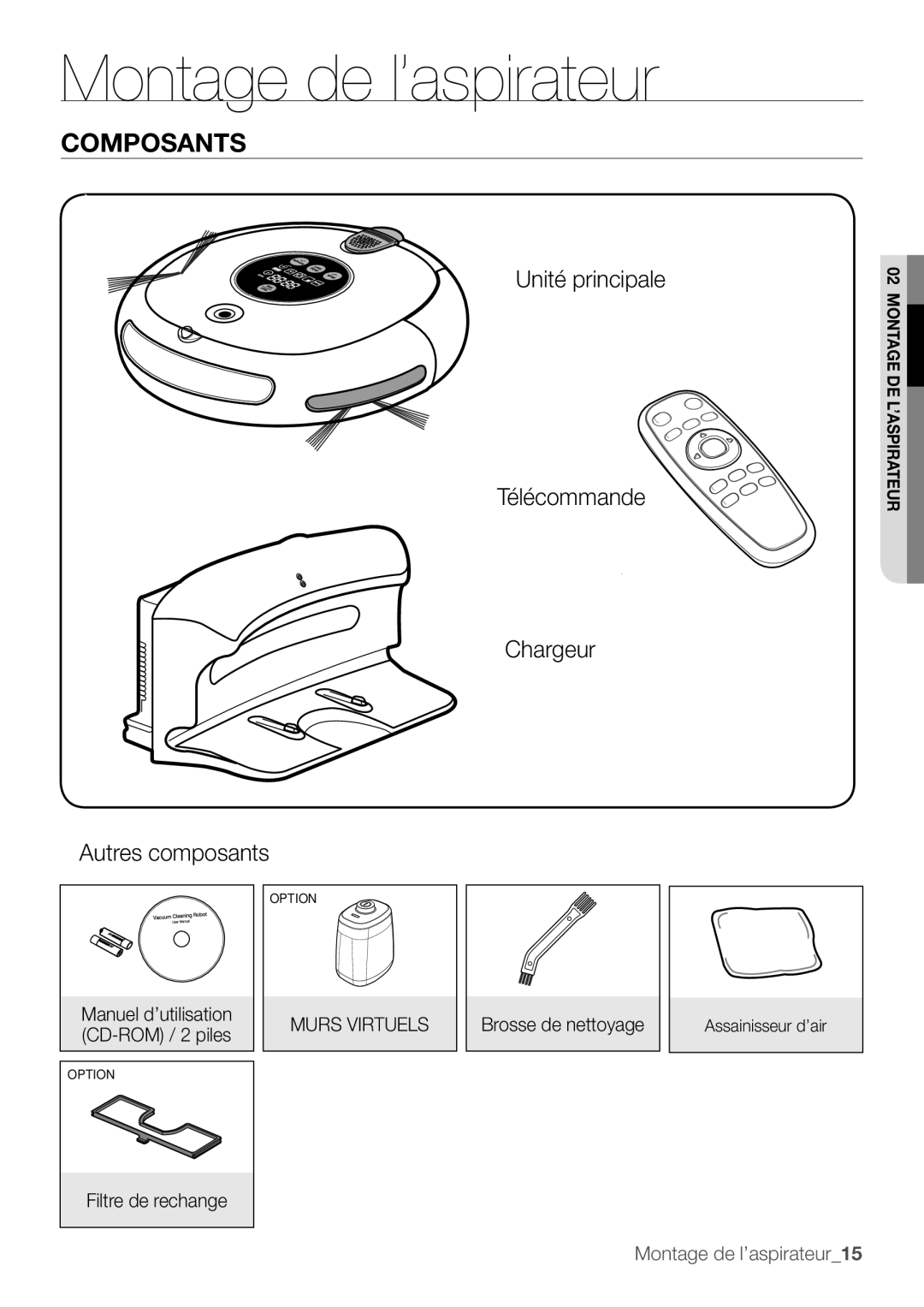 Samsung VR10F53TBCG/EF manual Montage de l’aspirateur, Composants, Manuel d’utilisation, Murs Virtuels, Filtre de rechange 