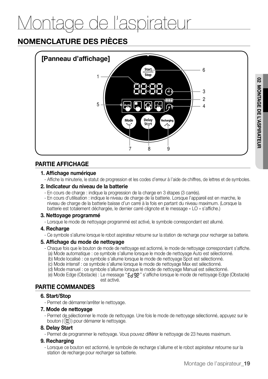 Samsung VR10F53TBCG/EF Afﬁchage numérique, Indicateur du niveau de la batterie, Nettoyage programmé, Recharge, Start/Stop 