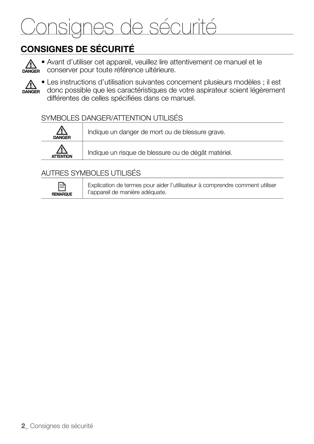 Samsung VR10F53TBDB/EF, VR10F53TBCG/EF Consignes de sécurité, Consignes DE Sécurité, Symboles DANGER/ATTENTION Utilisés 