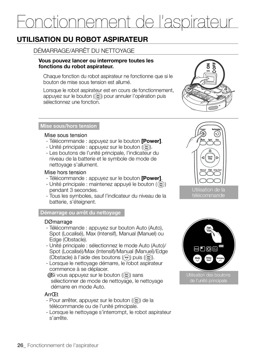 Samsung VR10F53TBDB/EF, VR10F53TBCG/EF manual Utilisation DU Robot Aspirateur, DÉMARRAGE/ARRÊT DU Nettoyage 