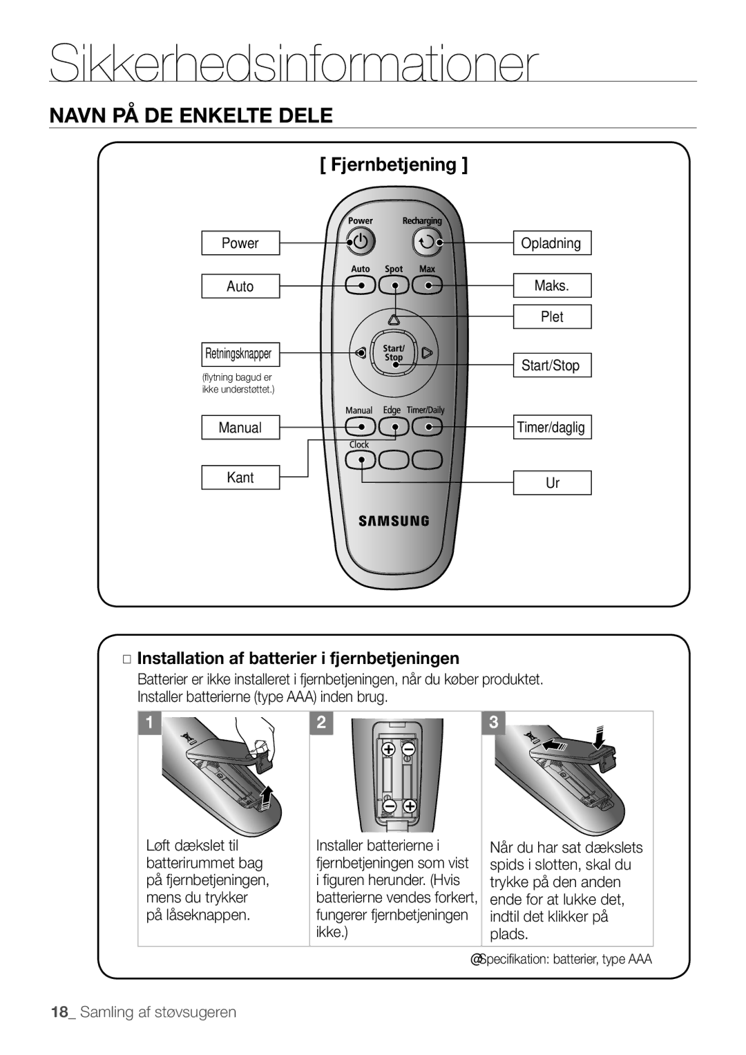 Samsung VR10F53UBAK/EE manual Fjernbetjening 